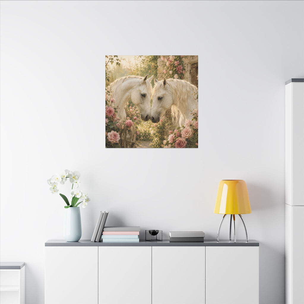 Romantic White Horses Canvas Wall Art — Floral Garden Horse Print