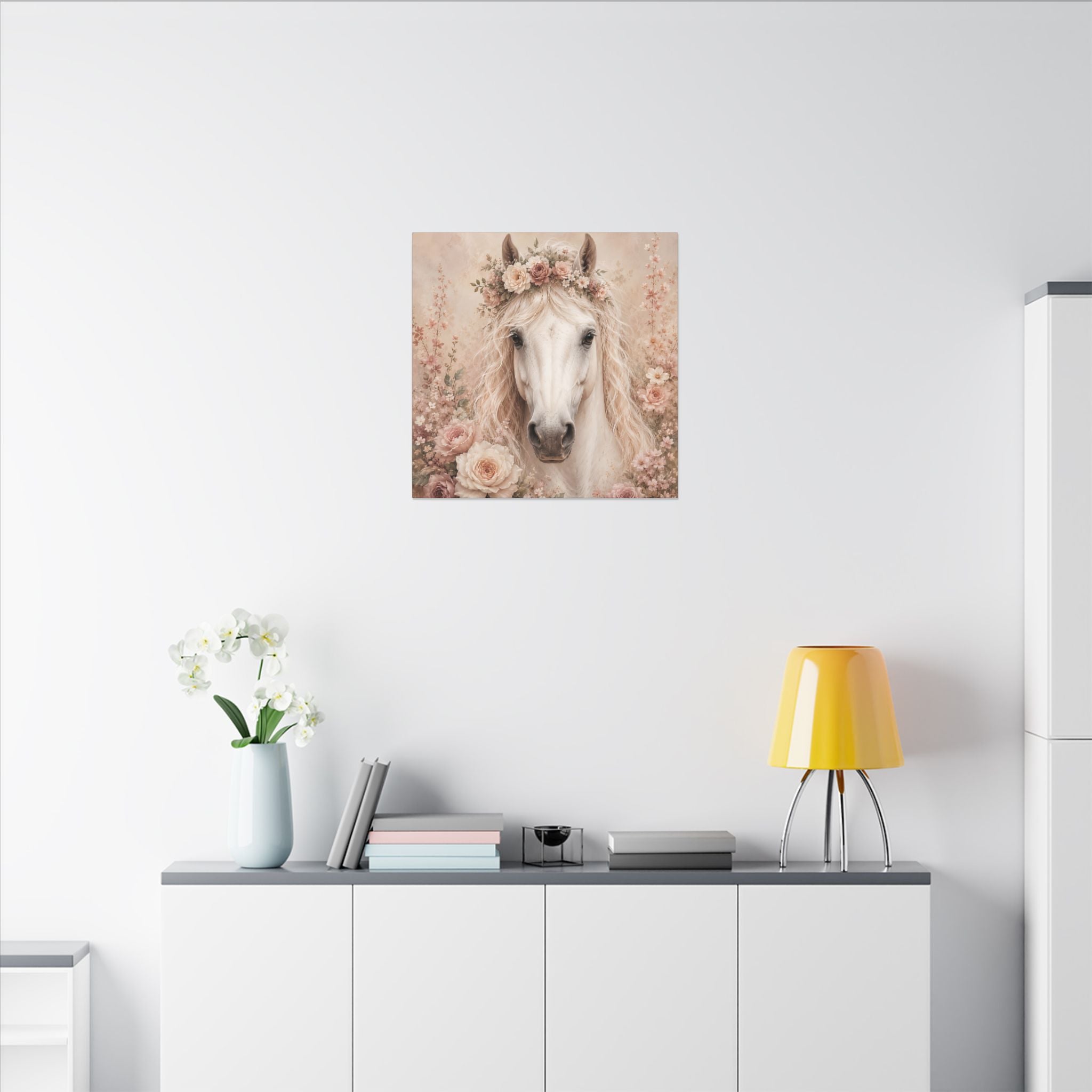 Floral White Horse Matte Canvas Wall Art