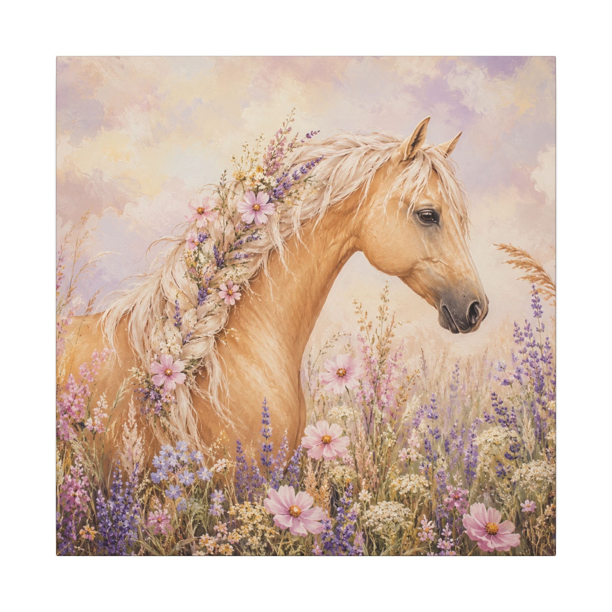 Palomino Horse Canvas Wall Art — Floral Meadow Matte Stretched Canvas