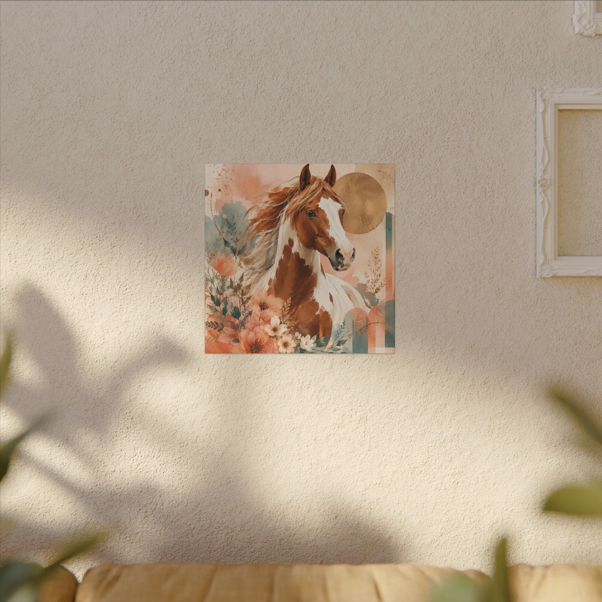 Painted Pinto Horse Canvas Wall Art — Boho Floral Equestrian Decor
