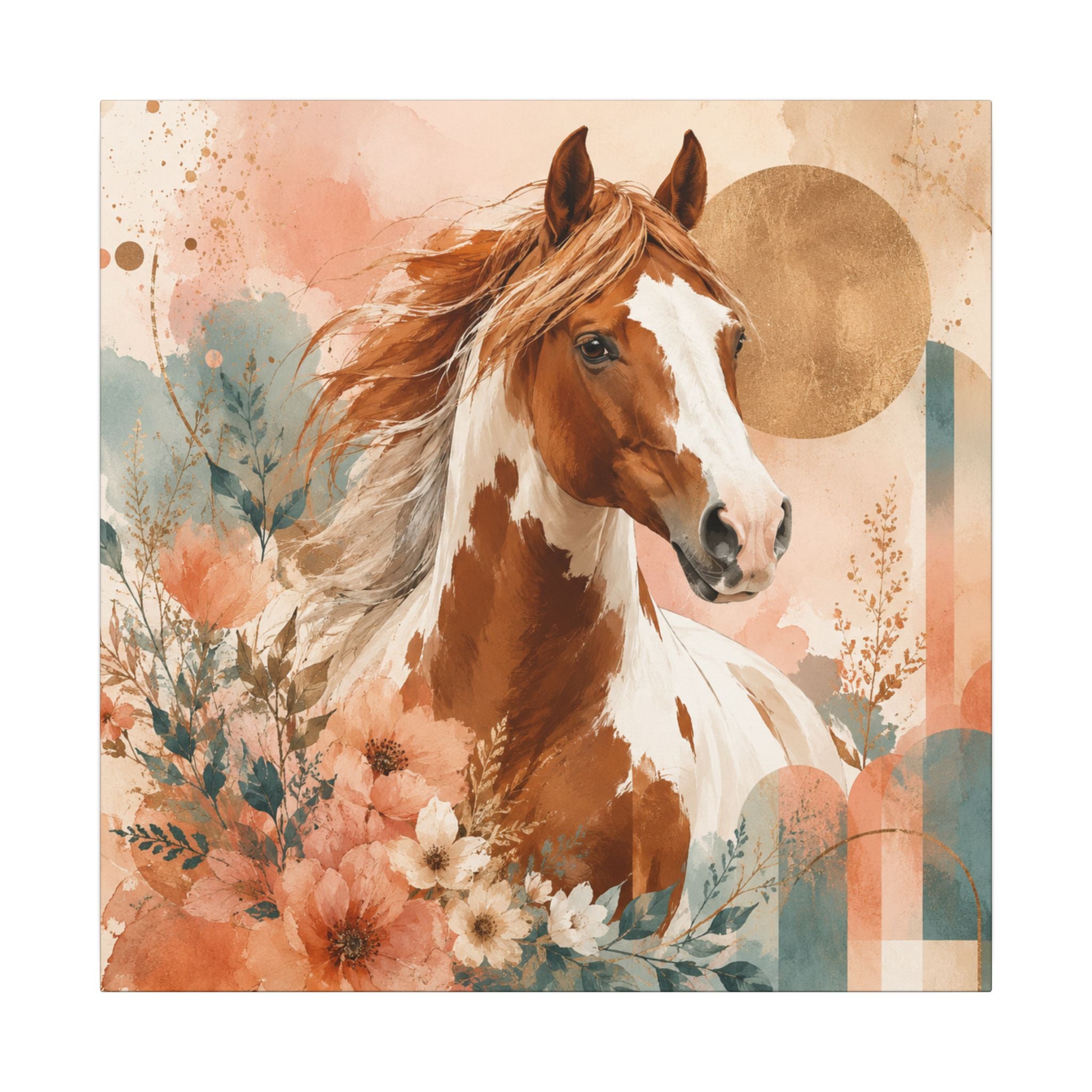 Painted Pinto Horse Canvas Wall Art — Boho Floral Equestrian Decor