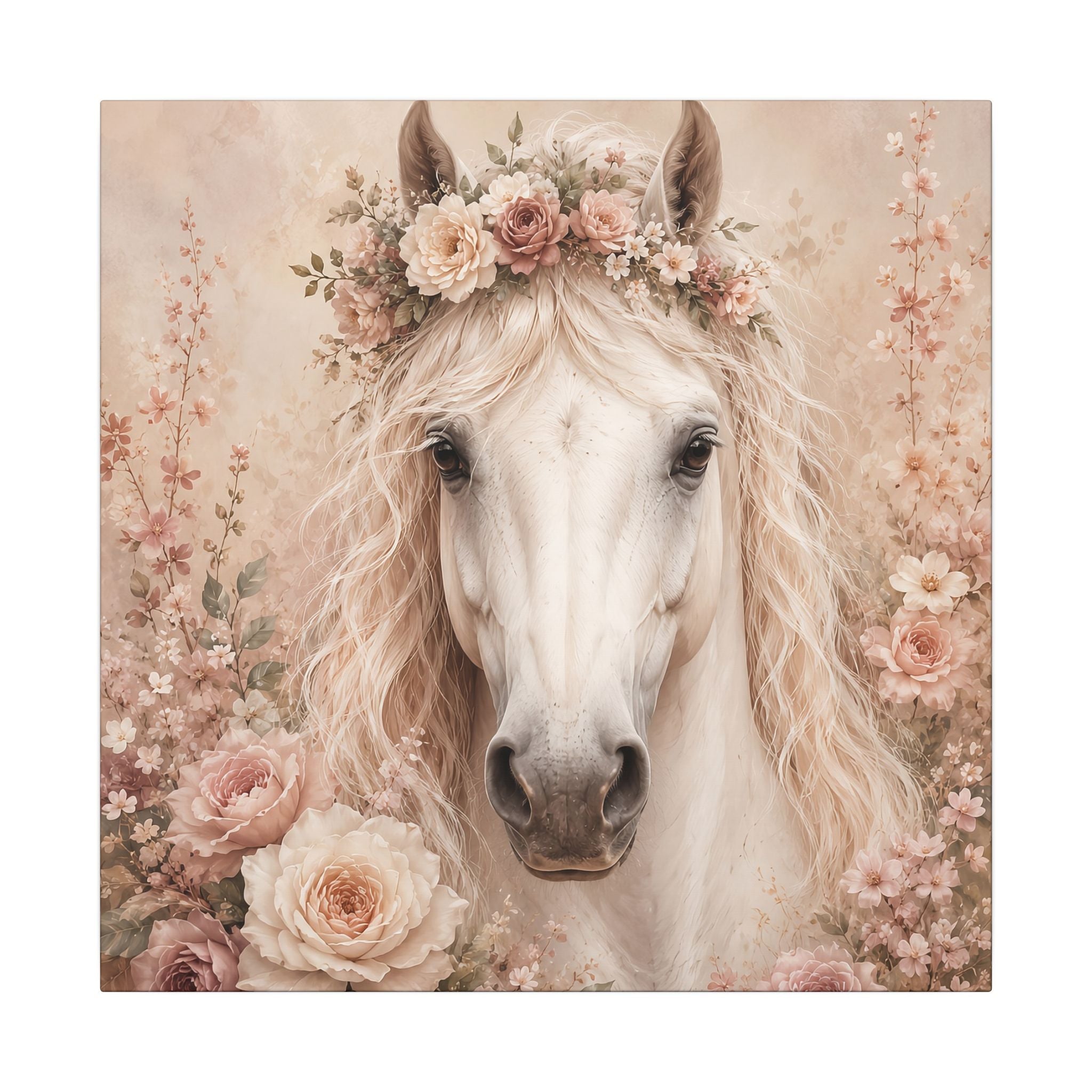 Floral White Horse Matte Canvas Wall Art