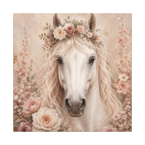 Floral White Horse Matte Canvas Wall Art