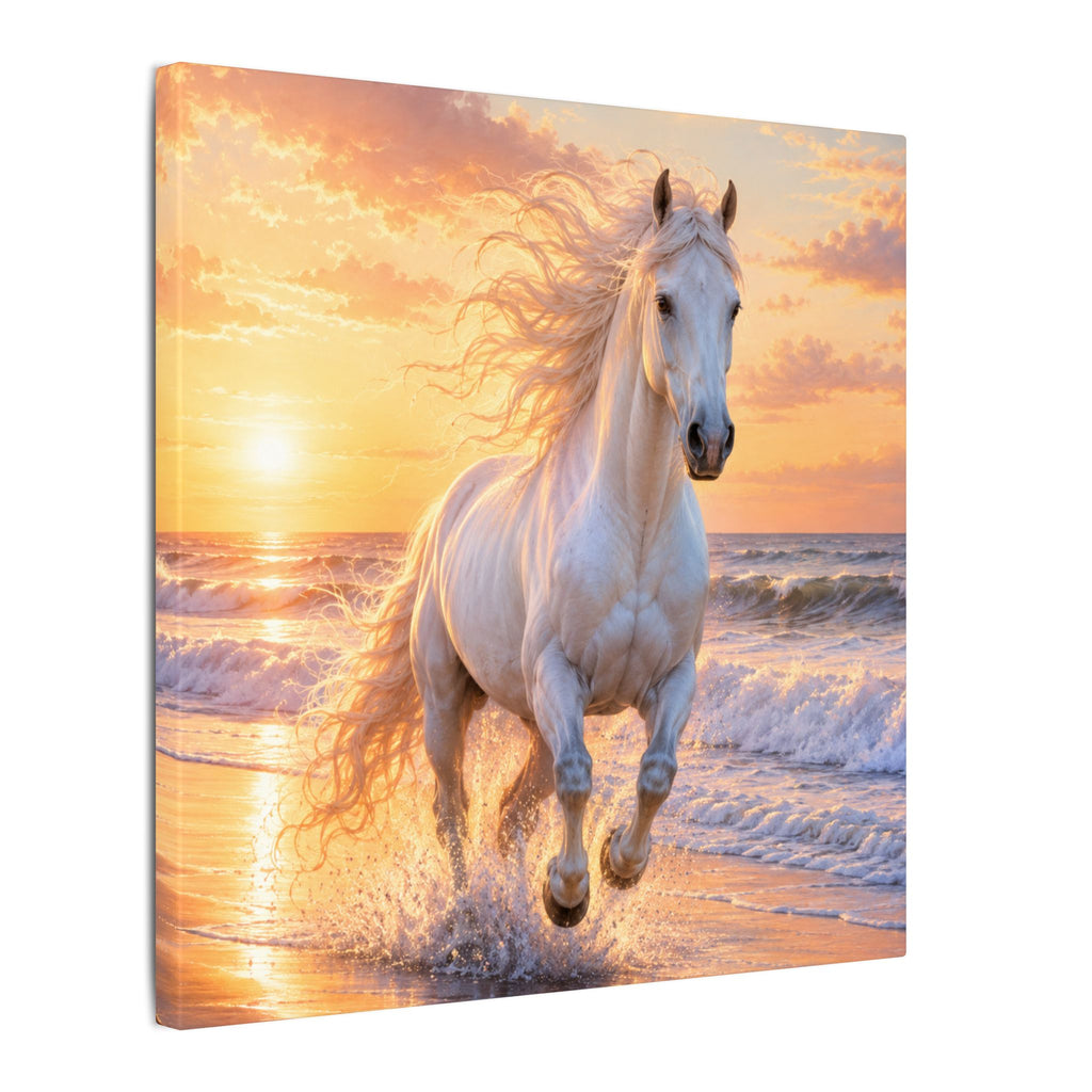 White Horse on Beach Canvas Print — Sunset Seaside Wall Art