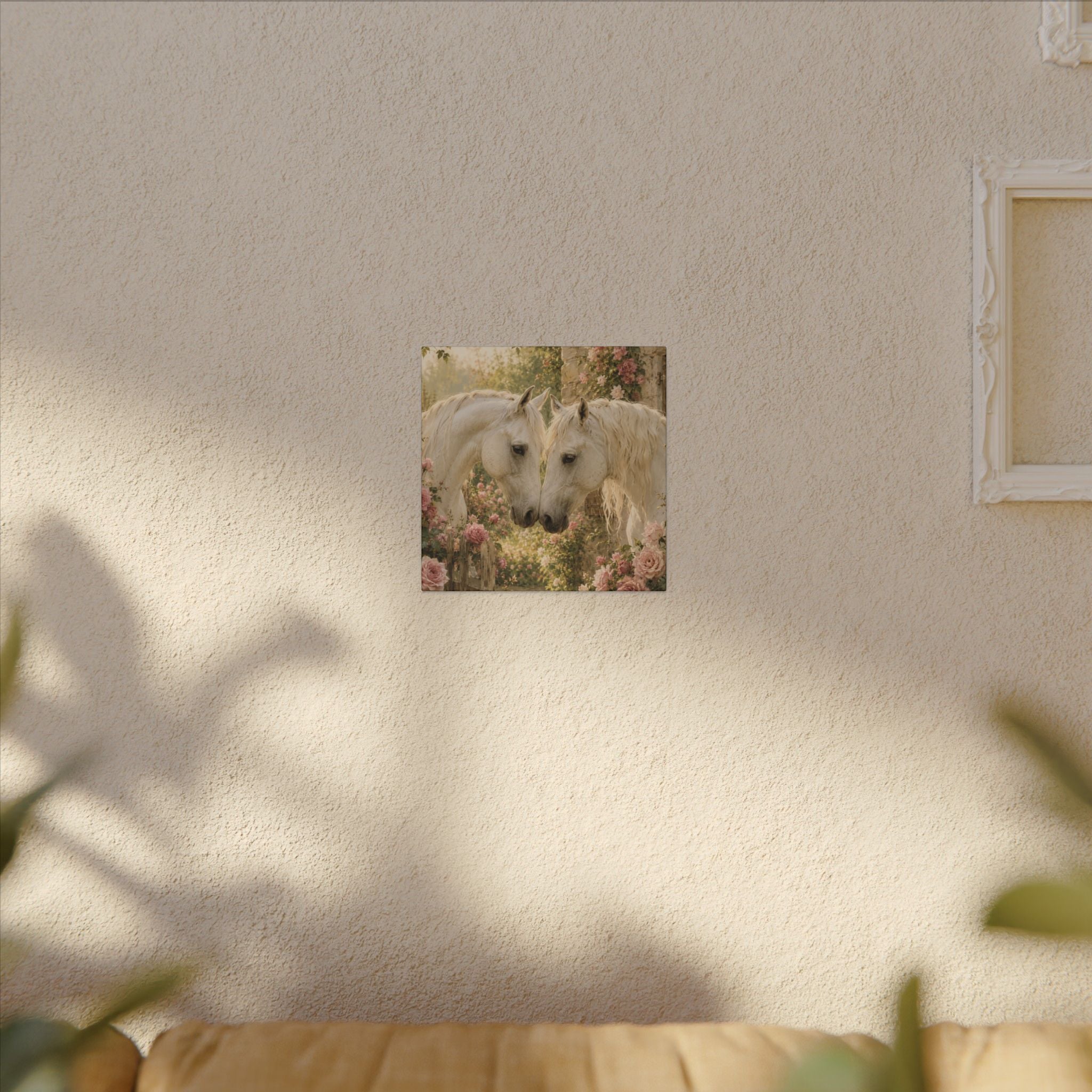 Romantic White Horses Canvas Wall Art — Floral Garden Horse Print