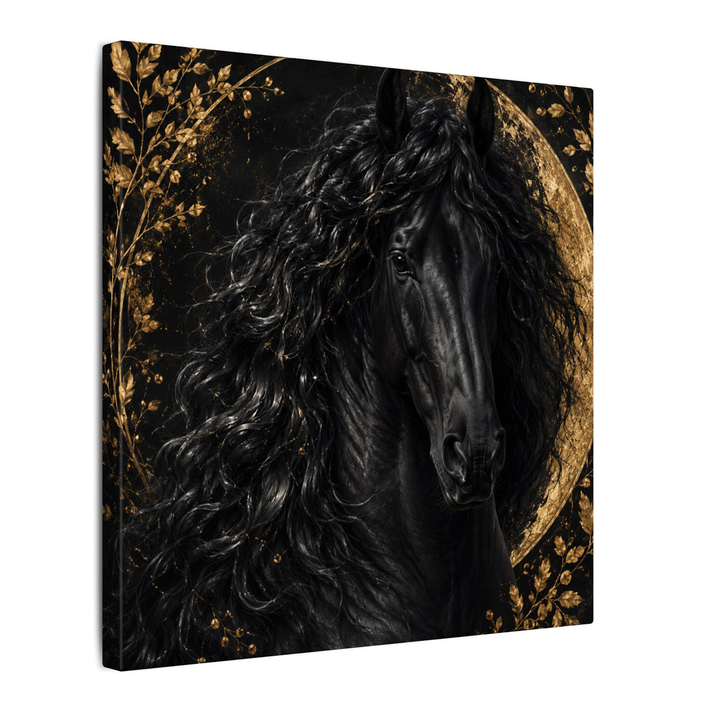 Black Stallion Canvas Print — Elegant Horse Wall Art with Gold Moon