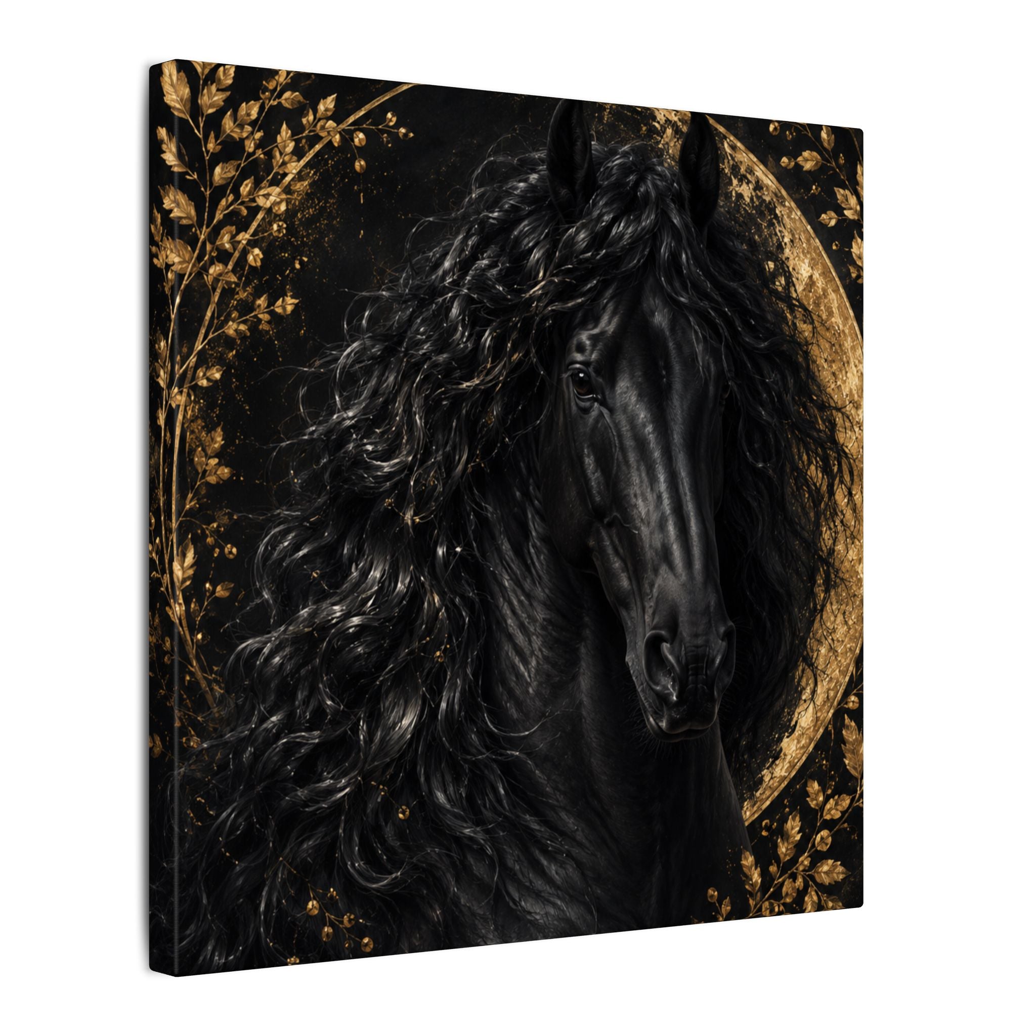 Black Stallion Canvas Print — Elegant Horse Wall Art with Gold Moon