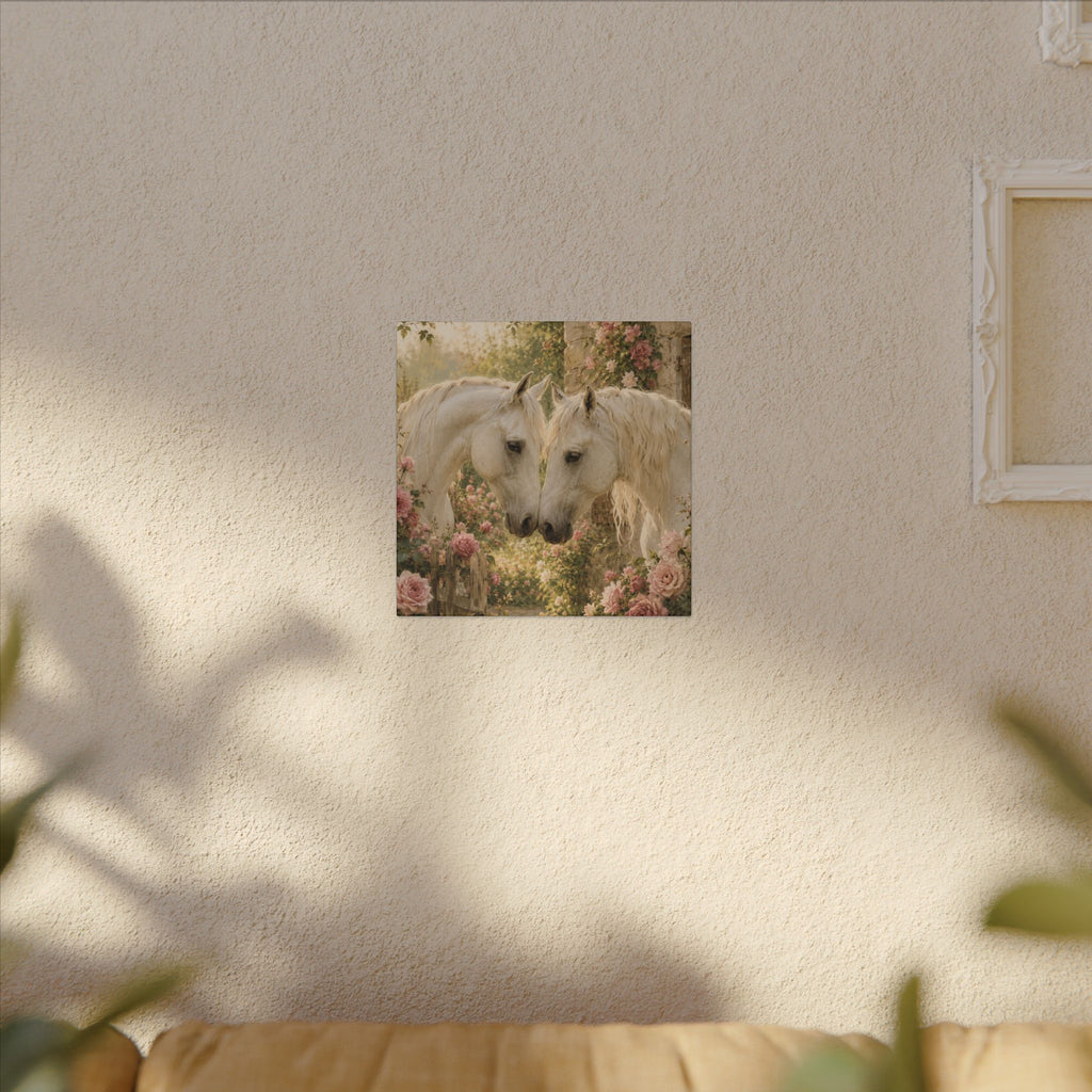 Romantic White Horses Canvas Wall Art — Floral Garden Horse Print
