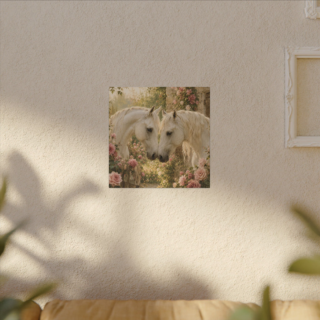 Romantic White Horses Canvas Wall Art — Floral Garden Horse Print