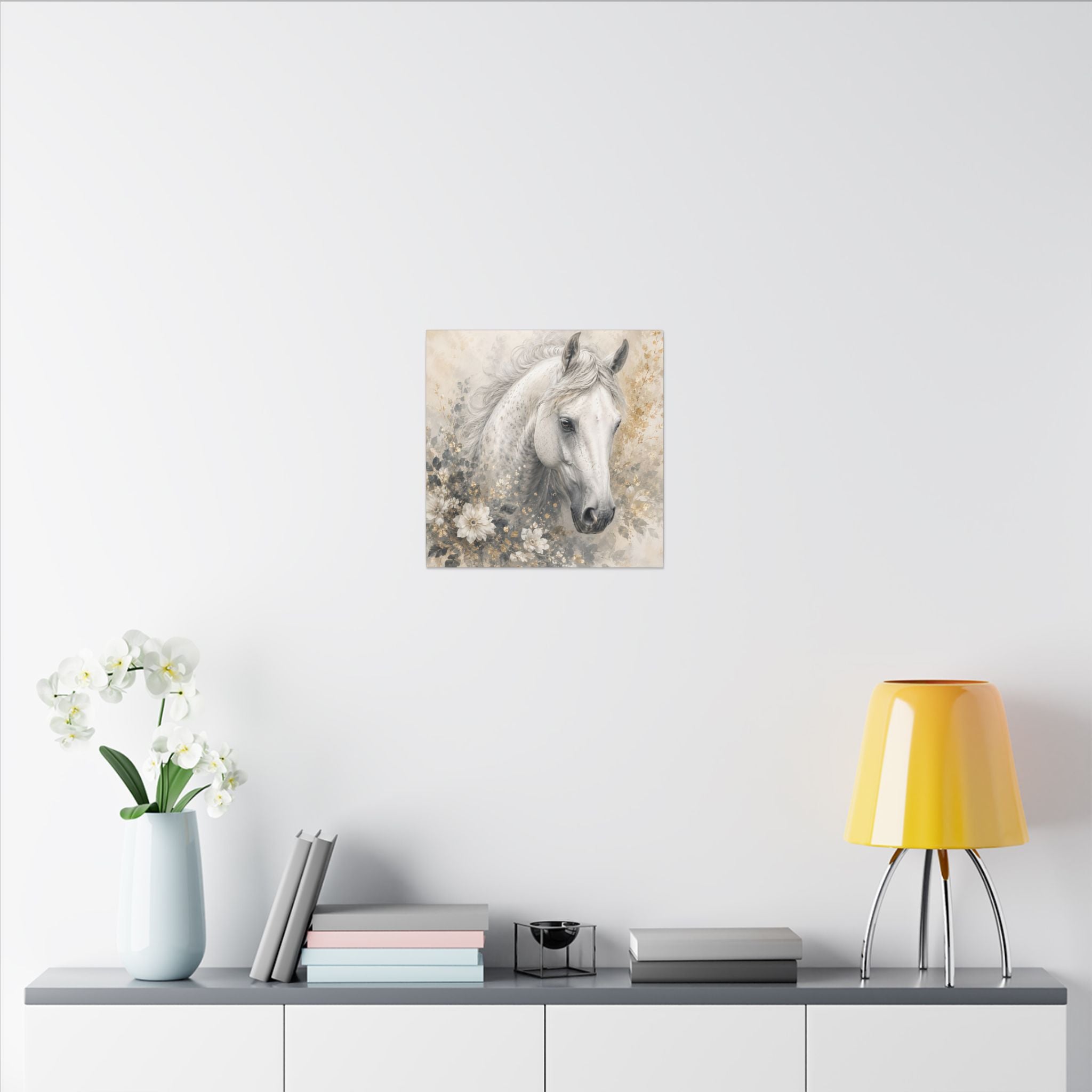 White Horse Floral Canvas Wall Art — Matte Stretched Horse Portrait