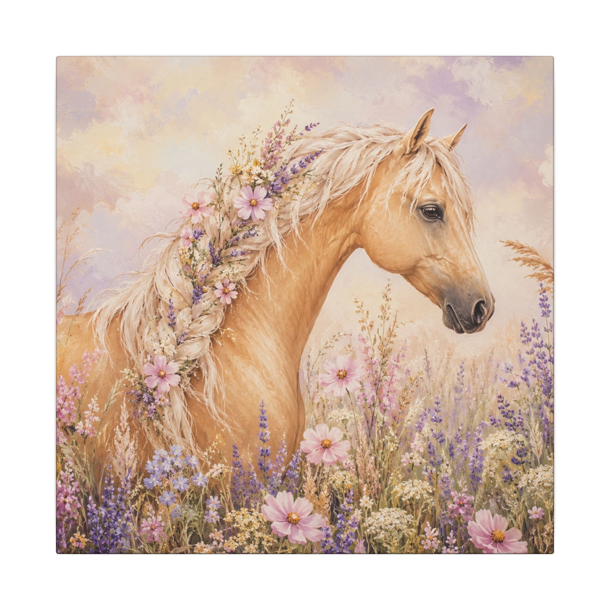 Palomino Horse Canvas Wall Art — Floral Meadow Matte Stretched Canvas