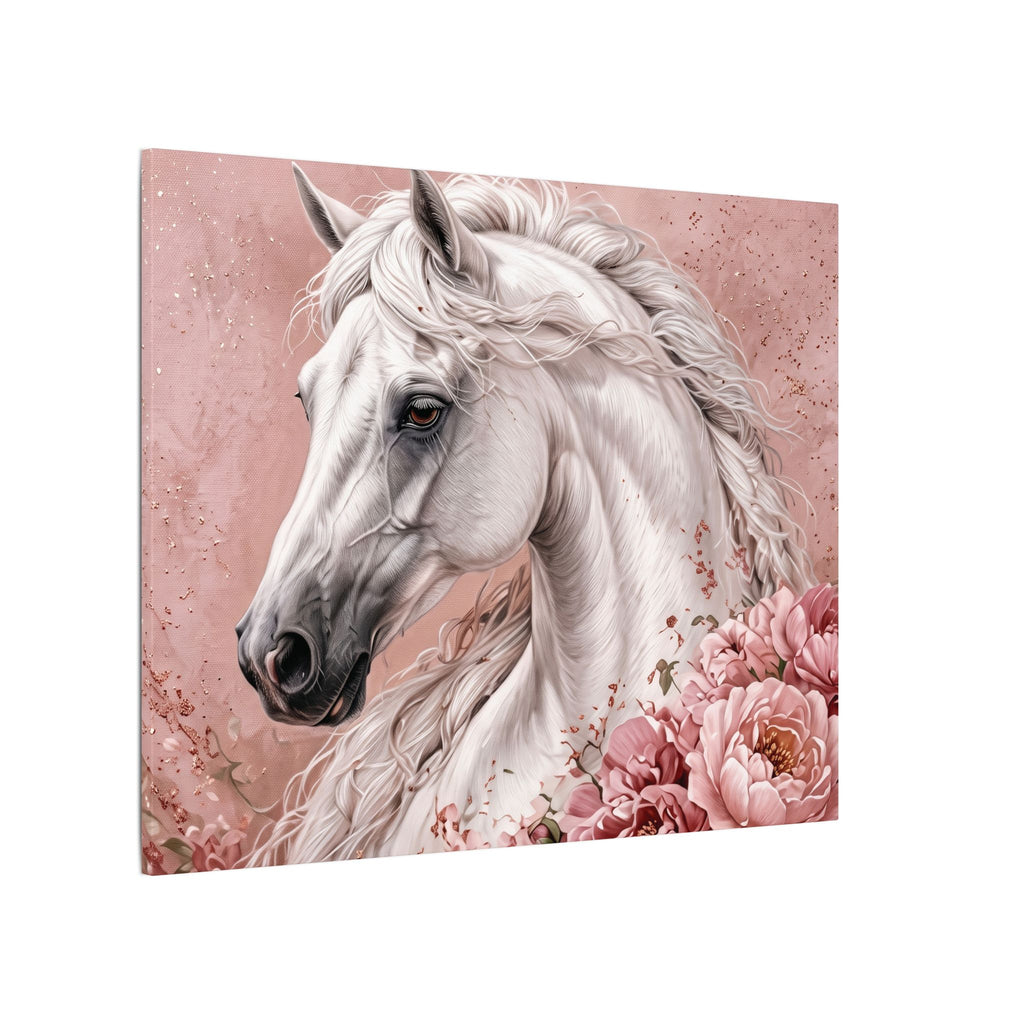White Horse Floral Canvas Wall Art — Matte Stretched Horse Portrait