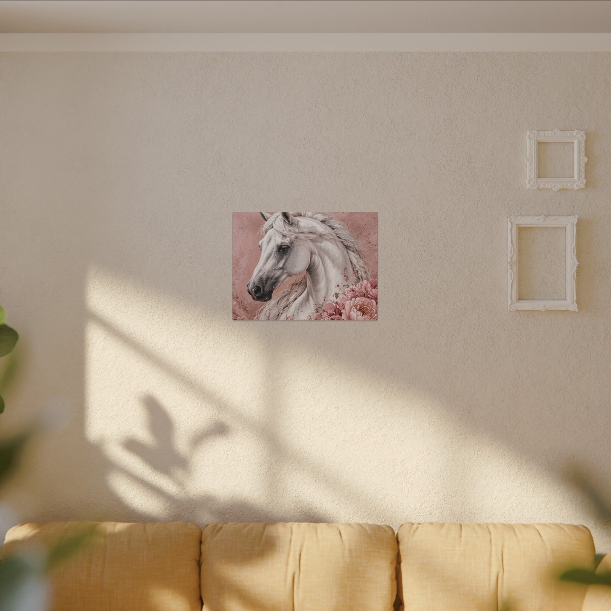 White Horse Floral Canvas Wall Art — Matte Stretched Horse Portrait