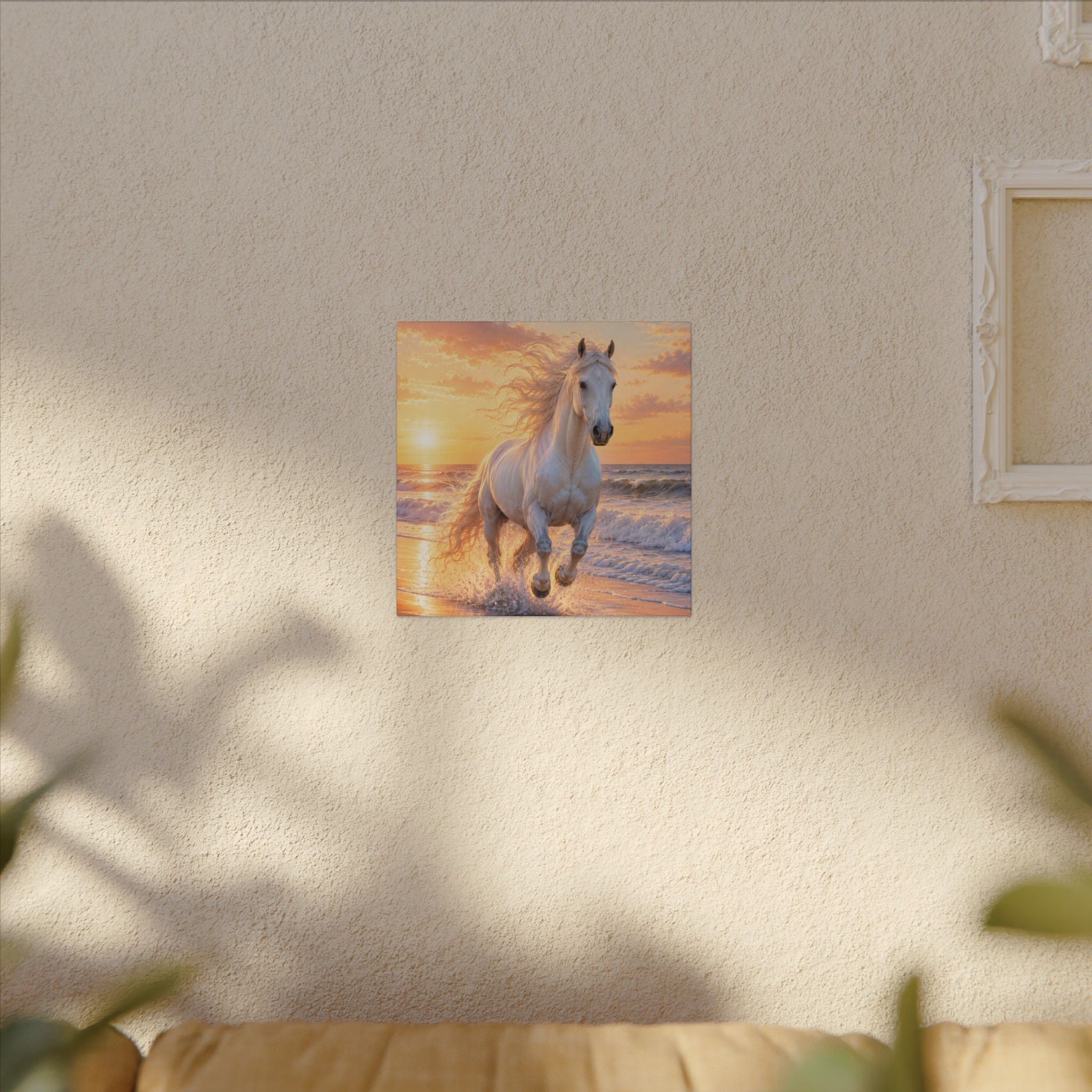 White Horse on Beach Canvas Print — Sunset Seaside Wall Art