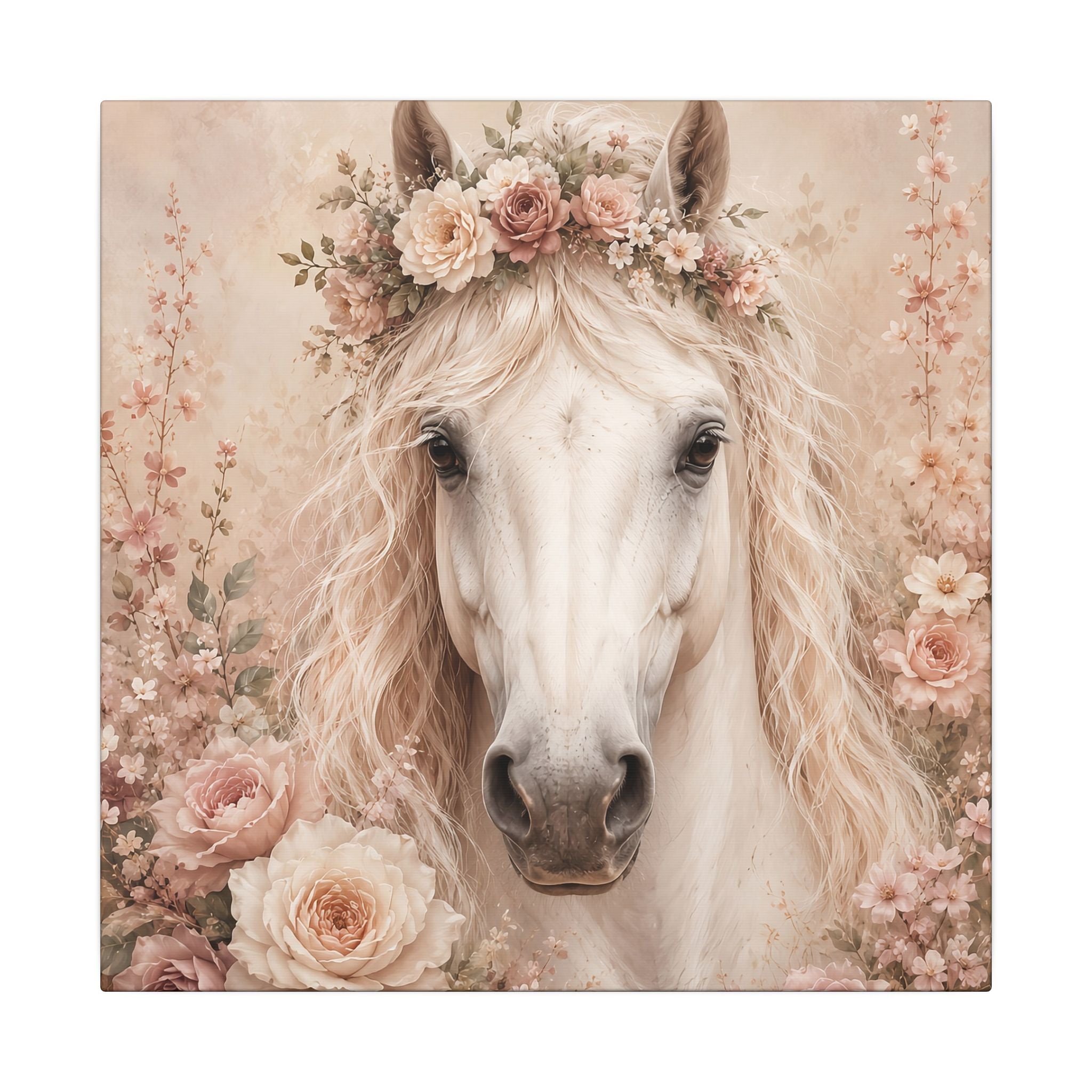 Floral White Horse Matte Canvas Wall Art