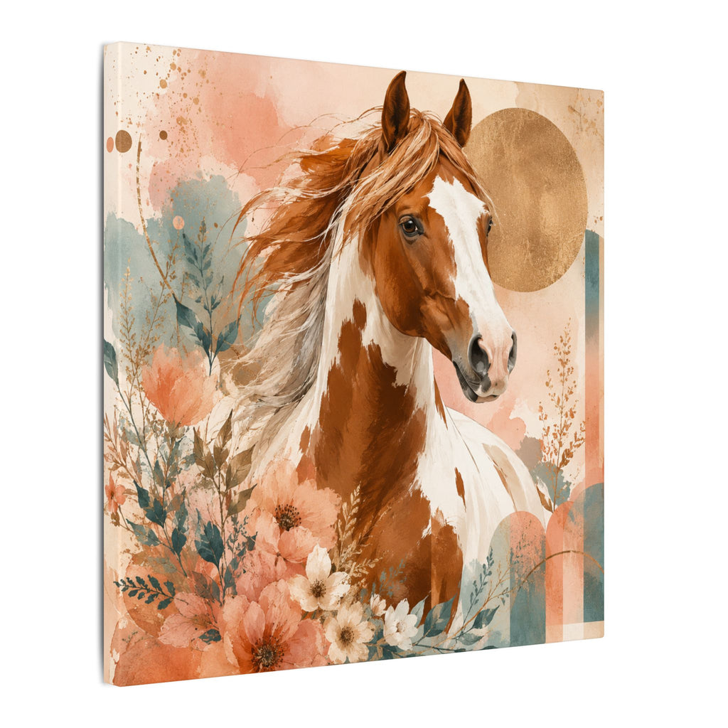 Painted Pinto Horse Canvas Wall Art — Boho Floral Equestrian Decor