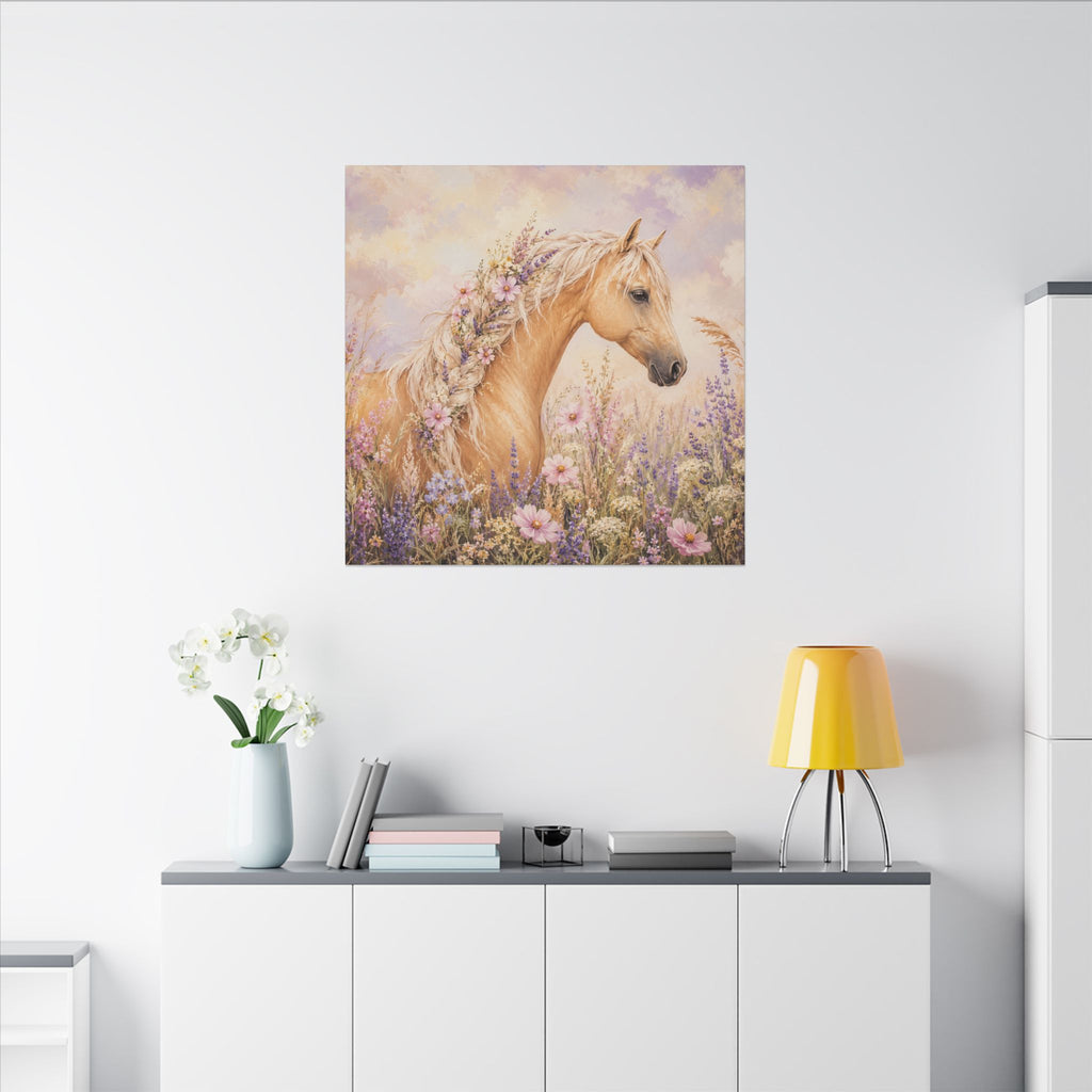 Palomino Horse Canvas Wall Art — Floral Meadow Matte Stretched Canvas
