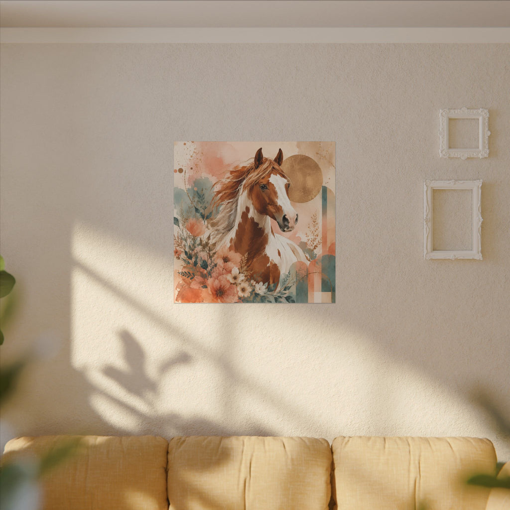 Painted Pinto Horse Canvas Wall Art — Boho Floral Equestrian Decor