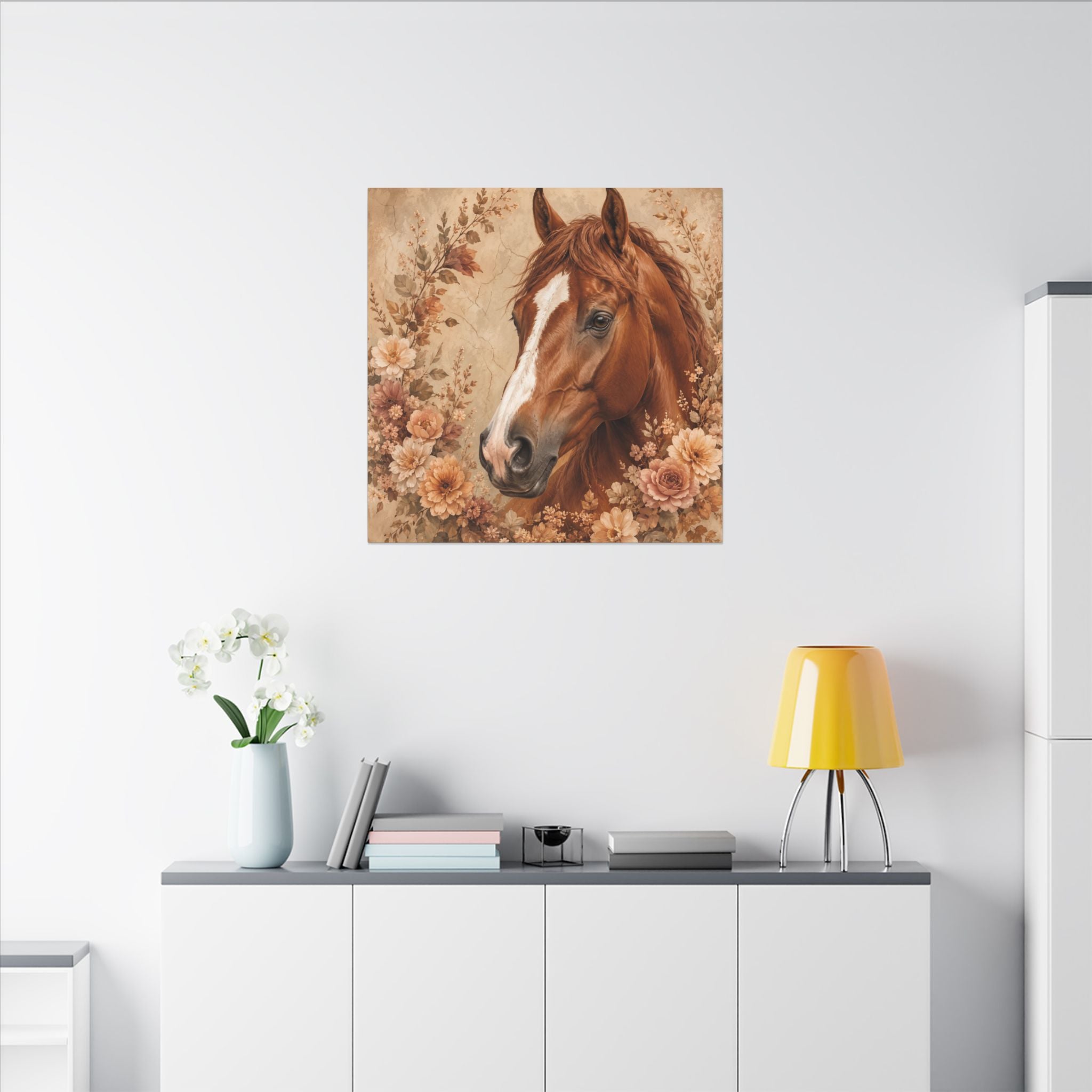 Chestnut Horse Portrait Canvas Wall Art — Floral Rustic Equestrian Decor