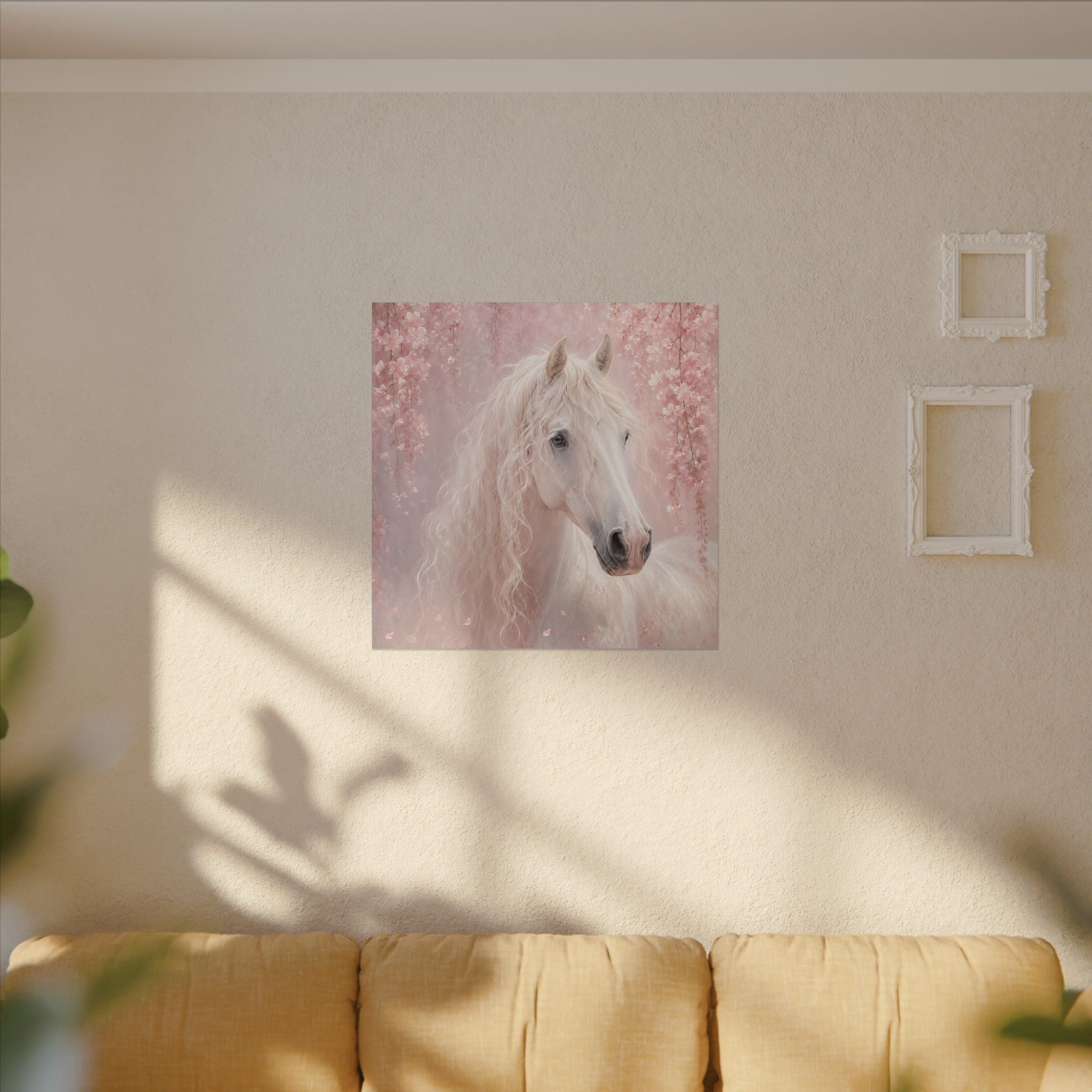 White Horse Canvas Wall Art — Romantic Pink Floral Unicorn-Style Print