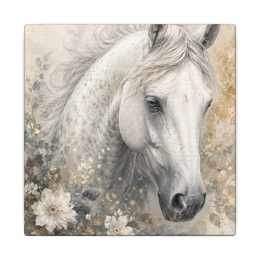 White Horse Floral Canvas Wall Art — Matte Stretched Horse Portrait