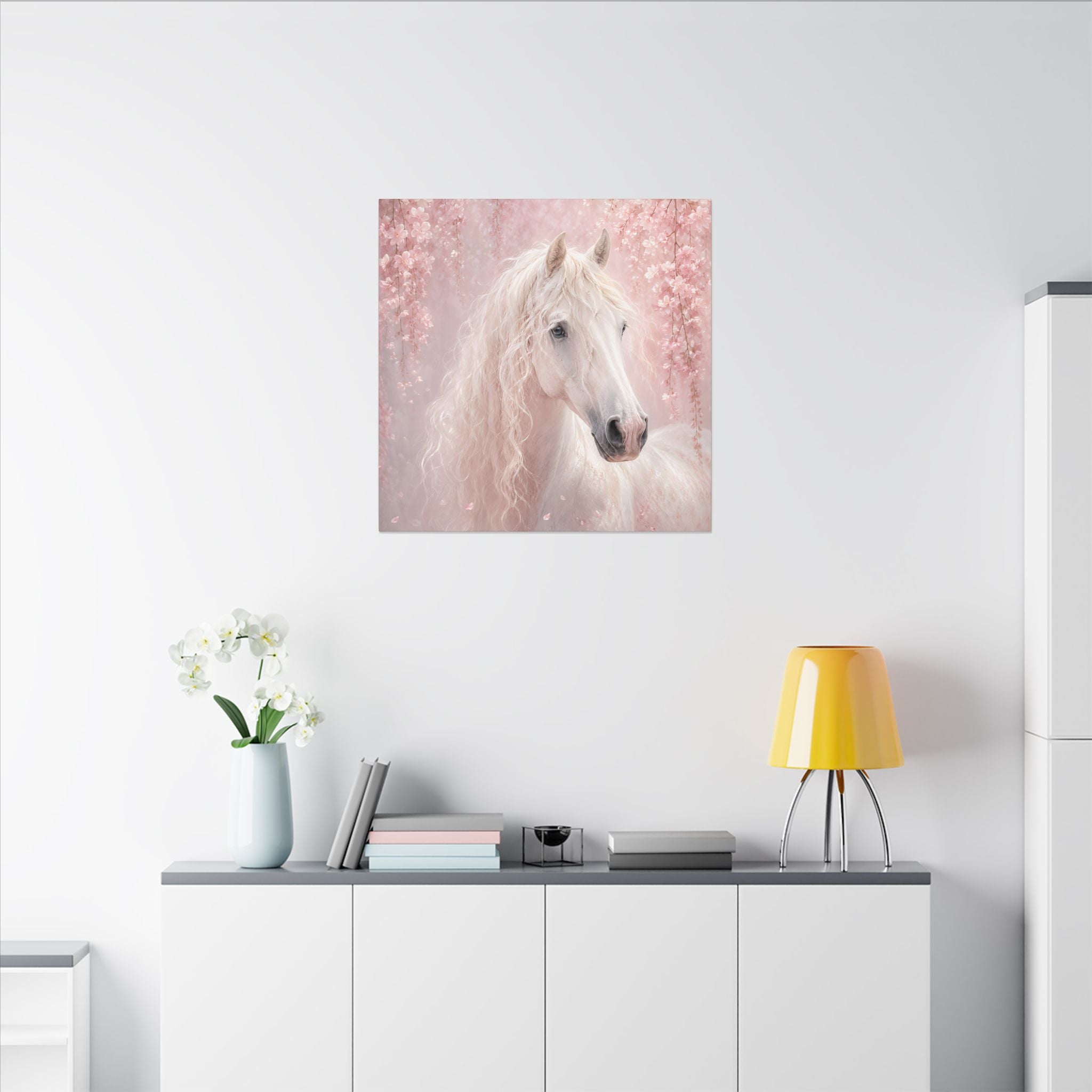 White Horse Canvas Wall Art — Romantic Pink Floral Unicorn-Style Print