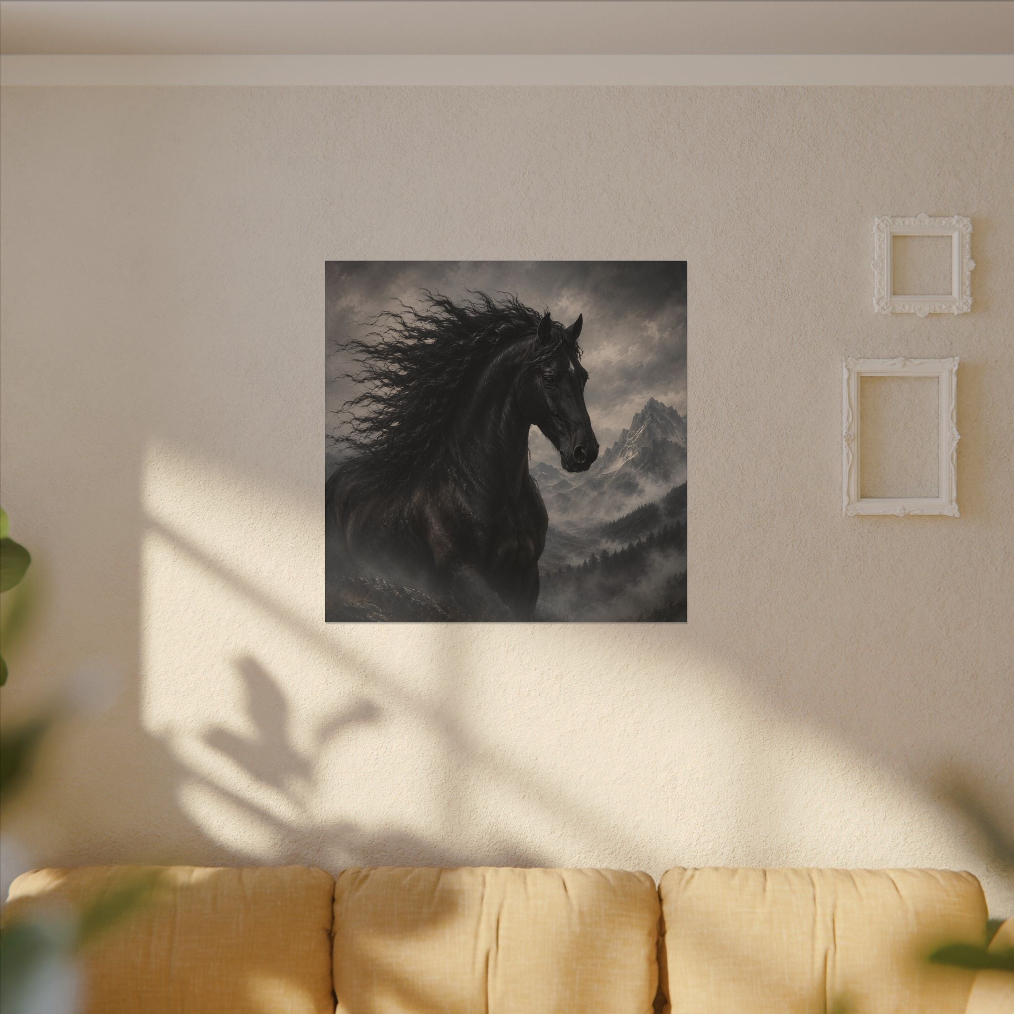 Majestic Black Horse Matte Canvas Wall Art — Dramatic Mountain Stallion Print