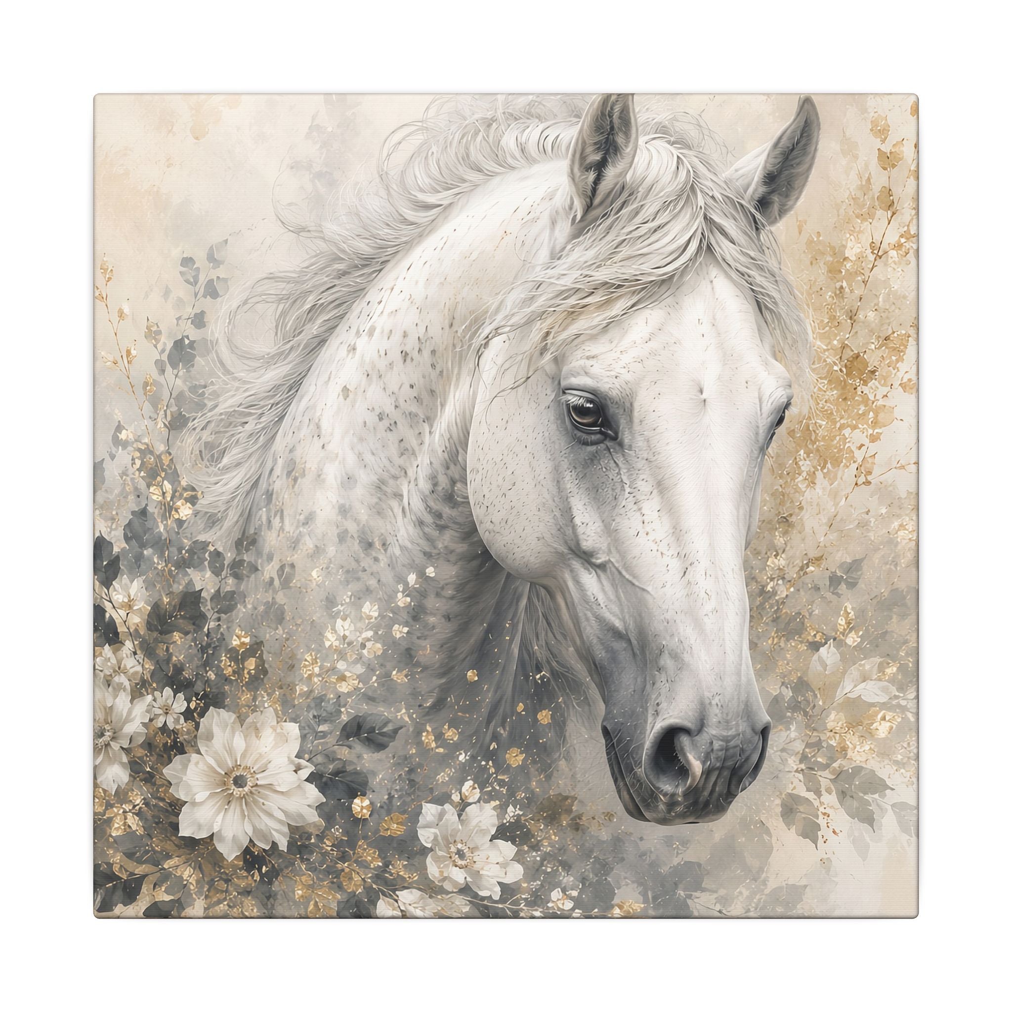 White Horse Floral Canvas Wall Art — Matte Stretched Horse Portrait