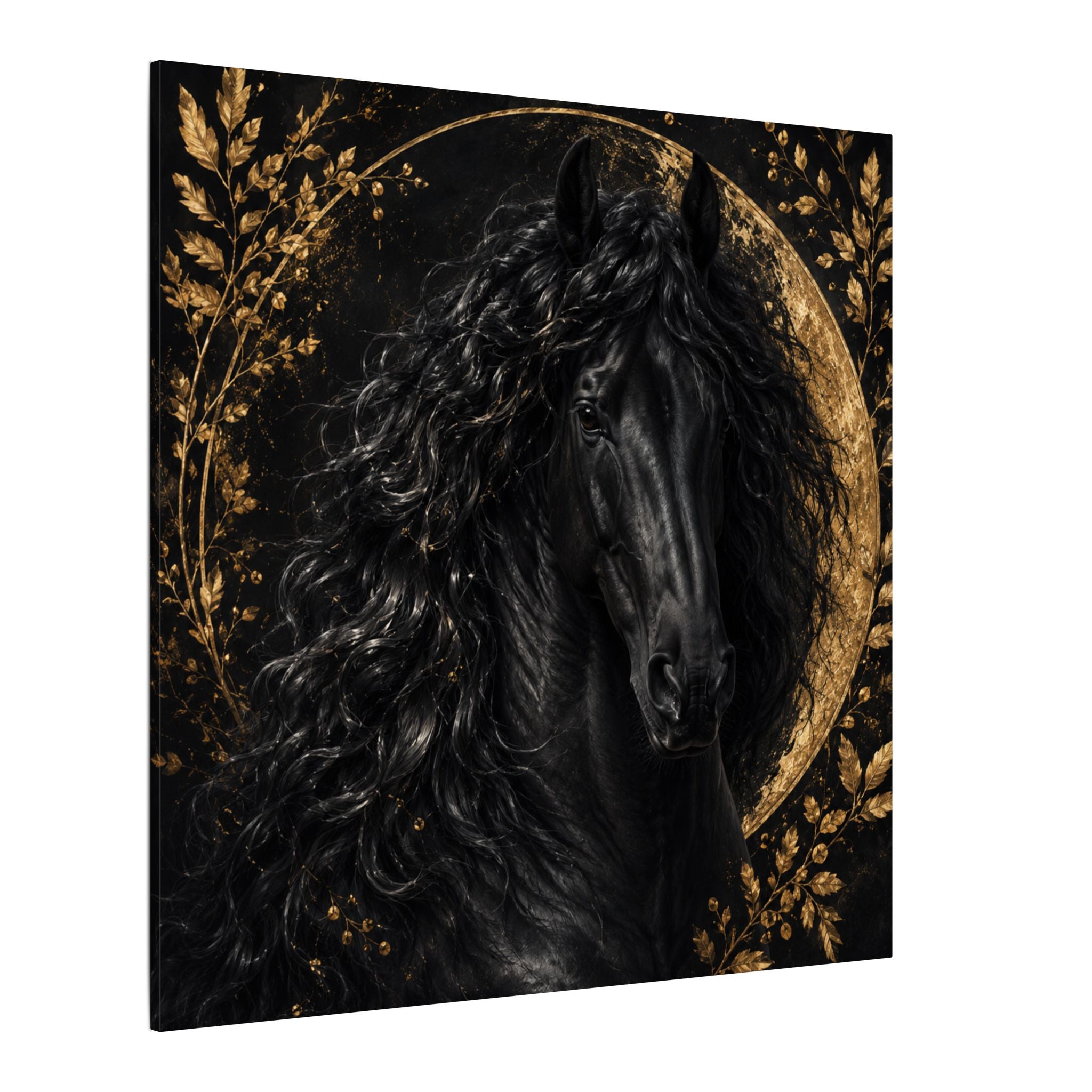Black Stallion Canvas Print — Elegant Horse Wall Art with Gold Moon