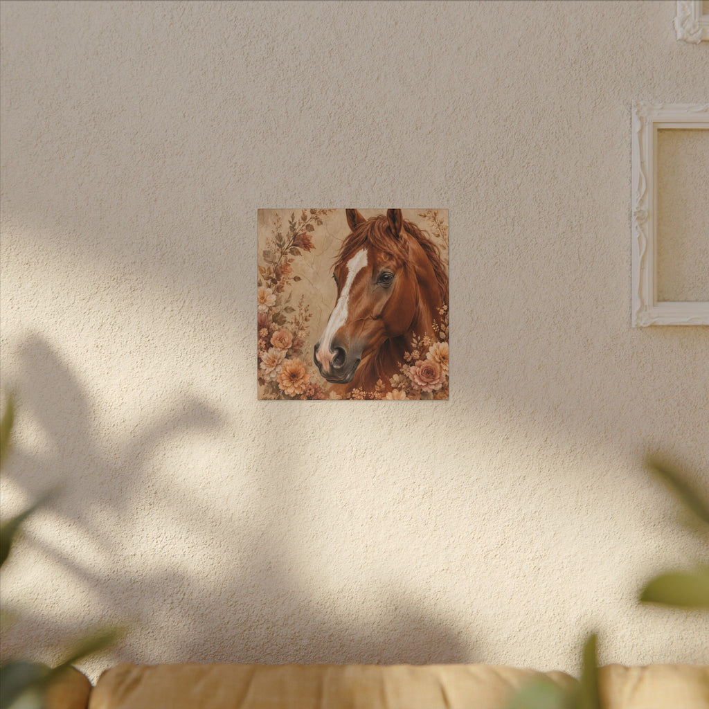 Chestnut Horse Portrait Canvas Wall Art — Floral Rustic Equestrian Decor