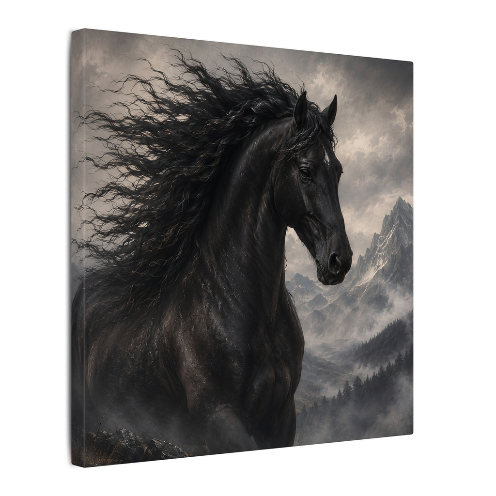 Majestic Black Horse Matte Canvas Wall Art — Dramatic Mountain Stallion Print