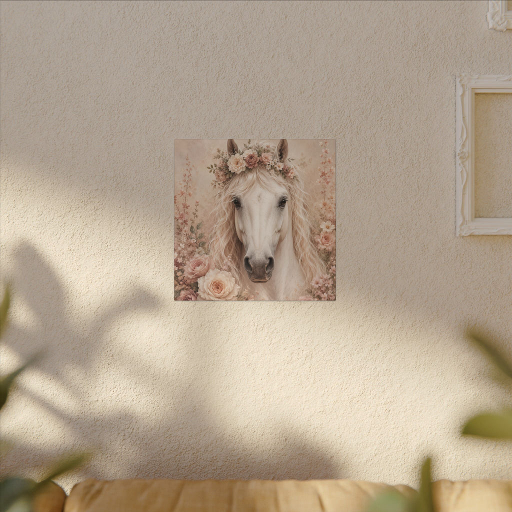 Floral White Horse Matte Canvas Wall Art
