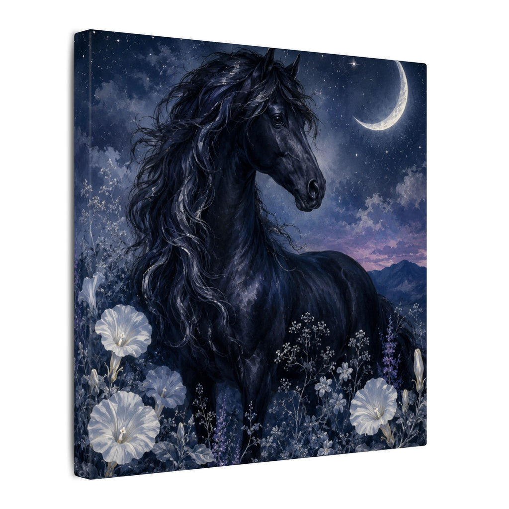 Midnight Stallion Canvas — Black Horse Moonlit Wall Art