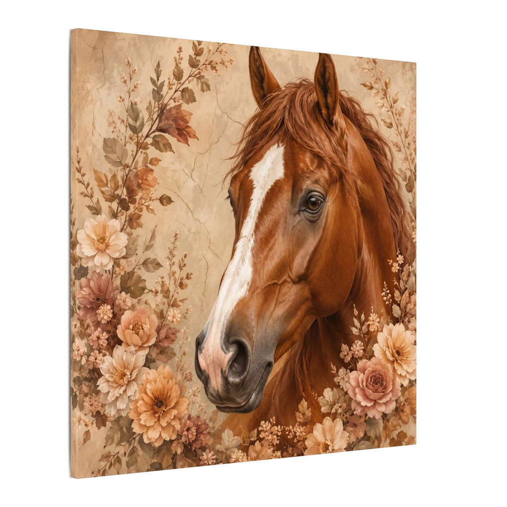 Chestnut Horse Portrait Canvas Wall Art — Floral Rustic Equestrian Decor