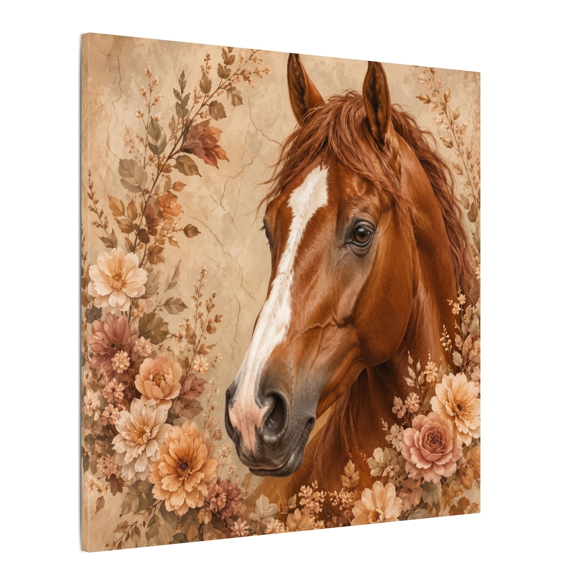 Chestnut Horse Portrait Canvas Wall Art — Floral Rustic Equestrian Decor