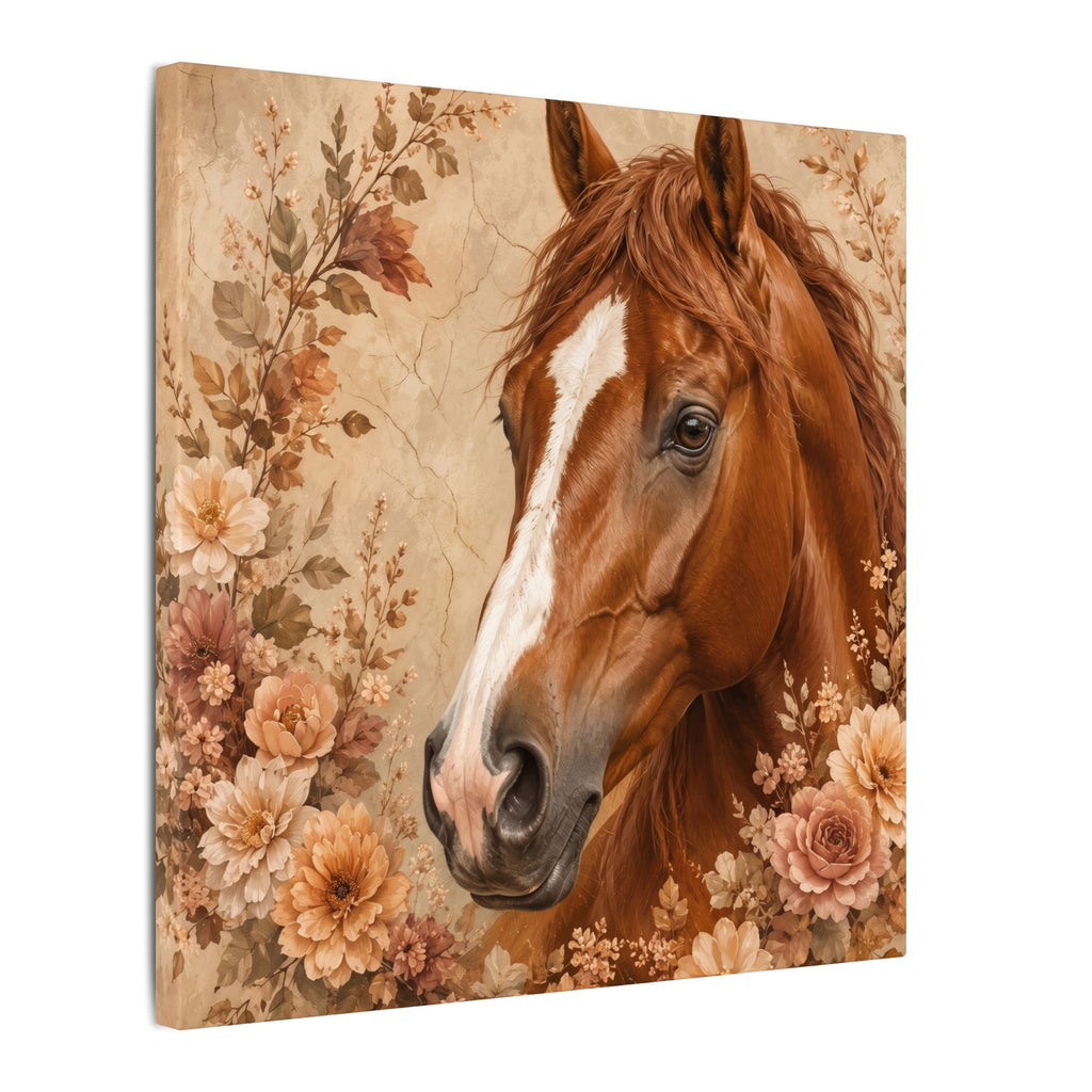 Chestnut Horse Portrait Canvas Wall Art — Floral Rustic Equestrian Decor