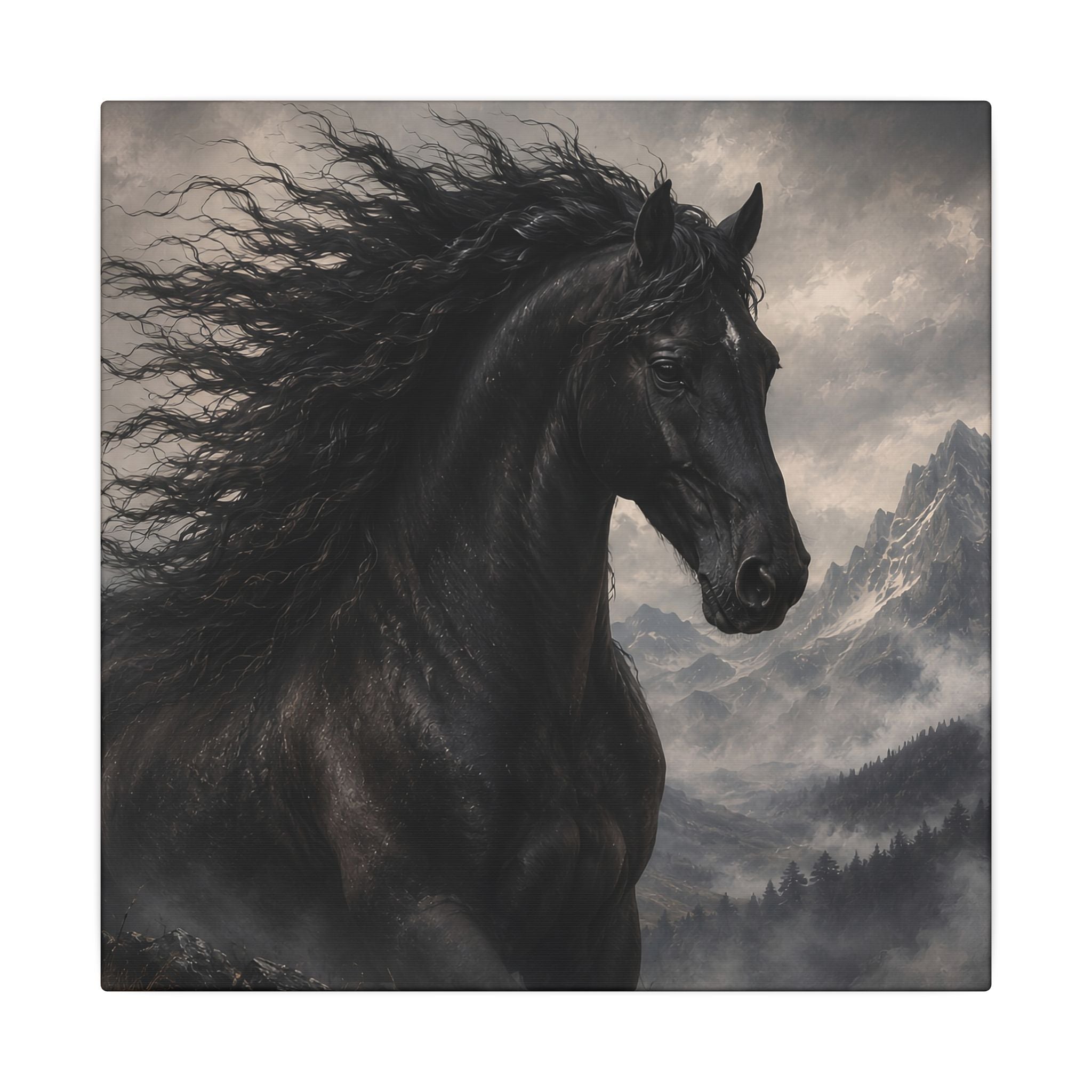 Majestic Black Horse Matte Canvas Wall Art — Dramatic Mountain Stallion Print