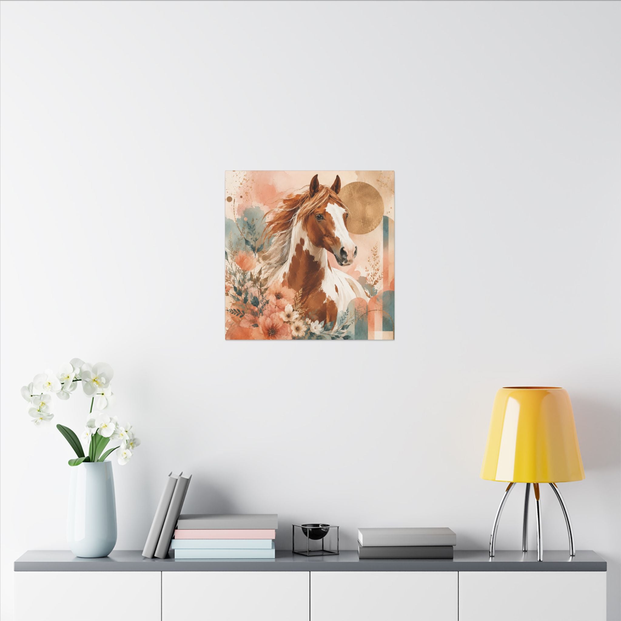 Painted Pinto Horse Canvas Wall Art — Boho Floral Equestrian Decor