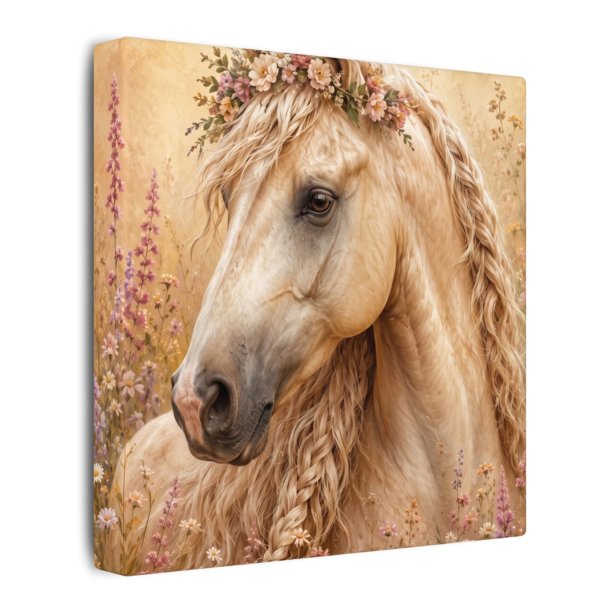 Golden Floral Horse Canvas Print — Matte Stretched Wall Art