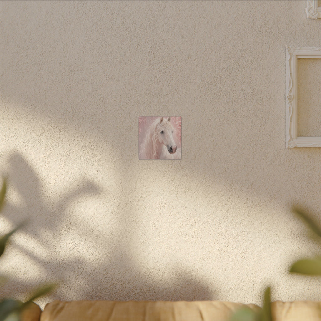 White Horse Canvas Wall Art — Romantic Pink Floral Unicorn-Style Print
