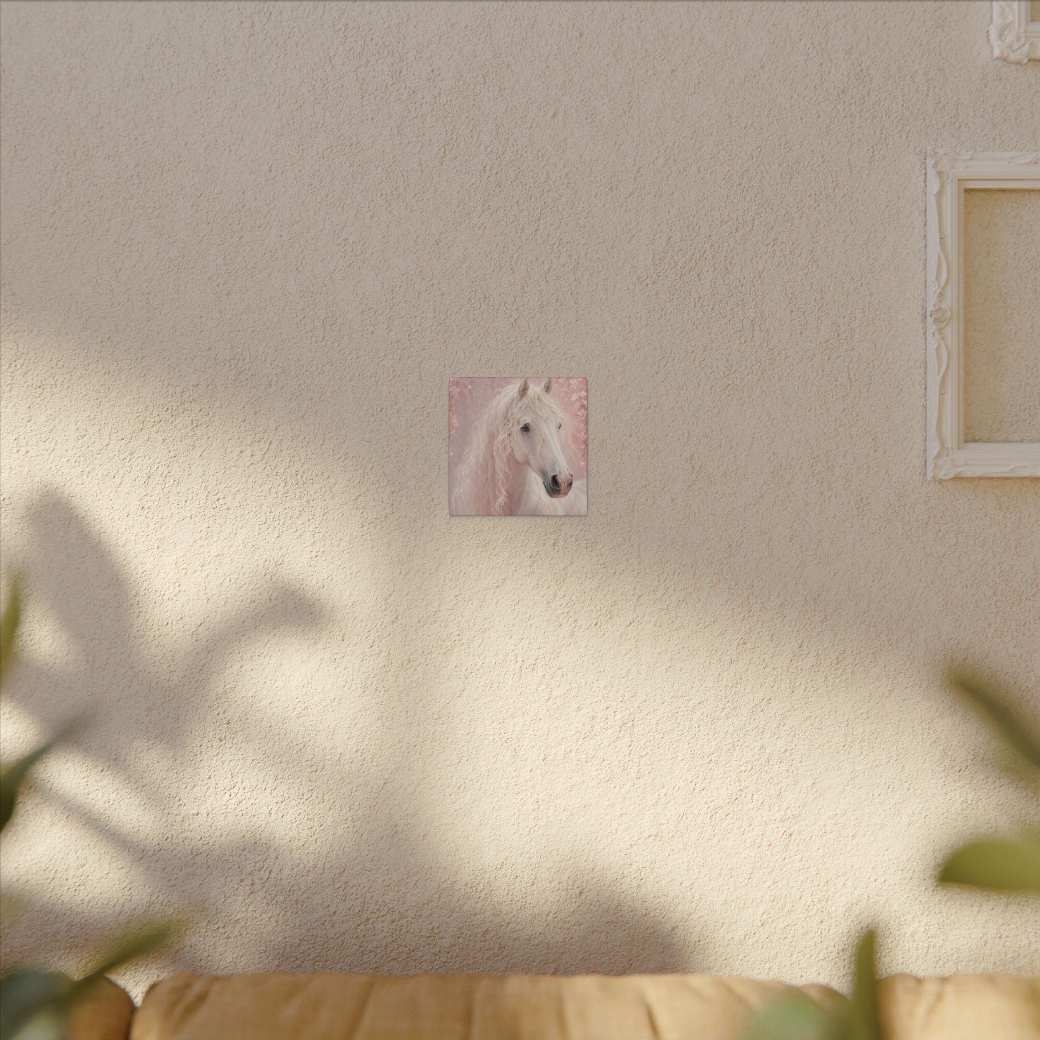 White Horse Canvas Wall Art — Romantic Pink Floral Unicorn-Style Print
