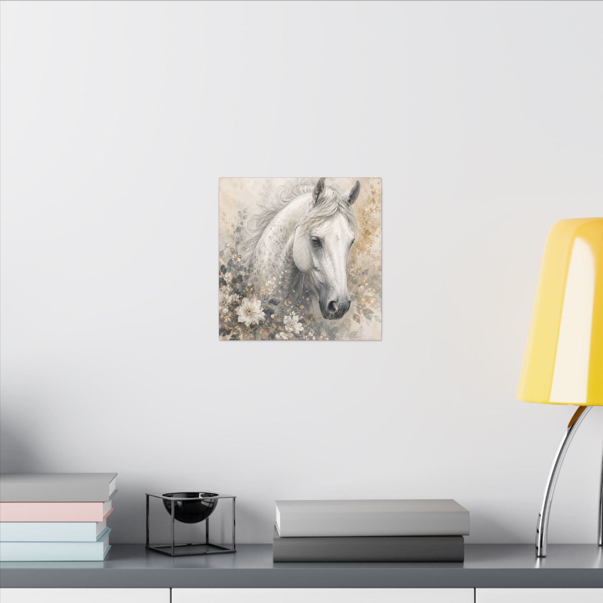 White Horse Floral Canvas Wall Art — Matte Stretched Horse Portrait
