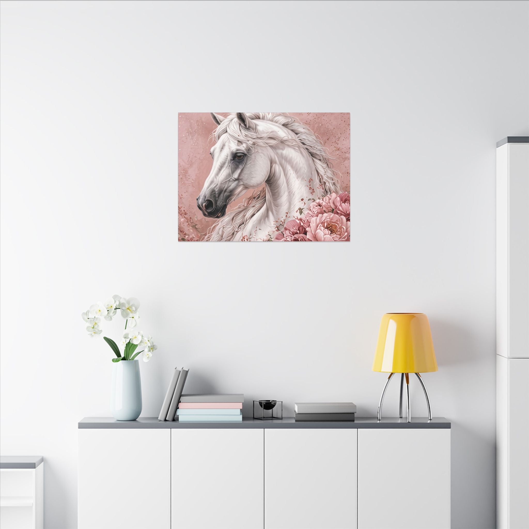 White Horse Floral Canvas Wall Art — Matte Stretched Horse Portrait