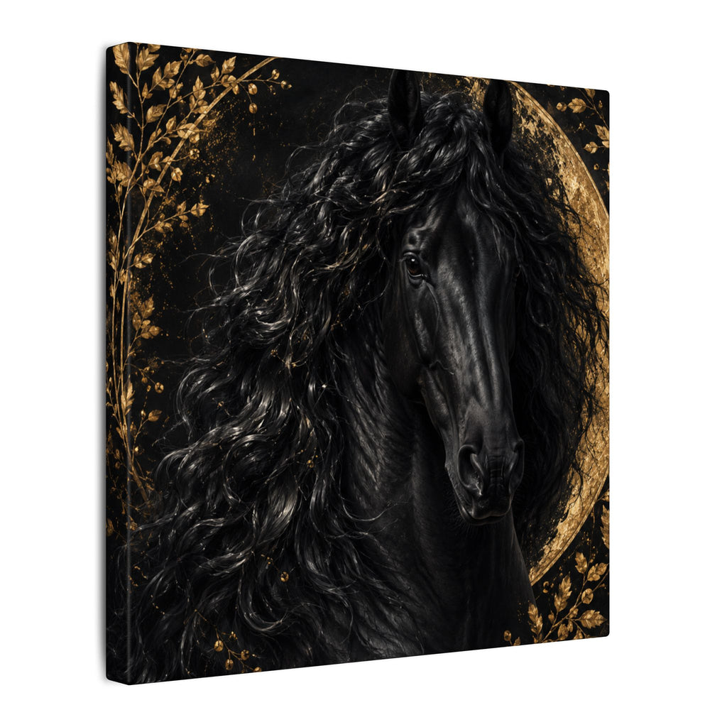 Black Stallion Canvas Print — Elegant Horse Wall Art with Gold Moon