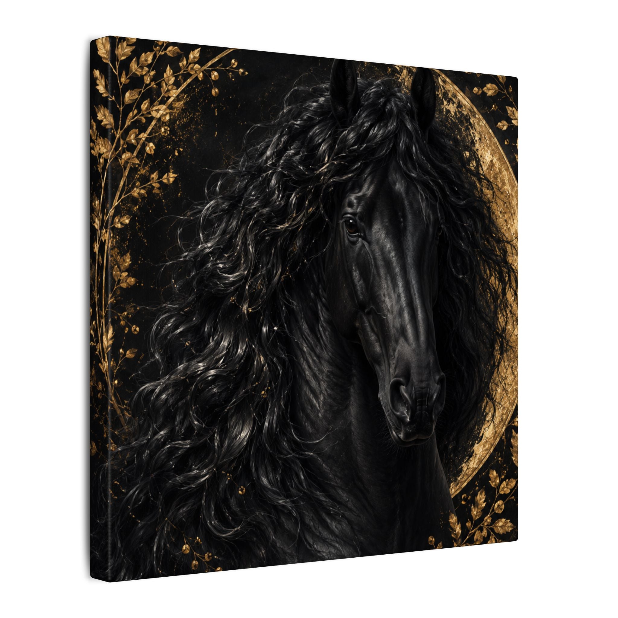 Black Stallion Canvas Print — Elegant Horse Wall Art with Gold Moon