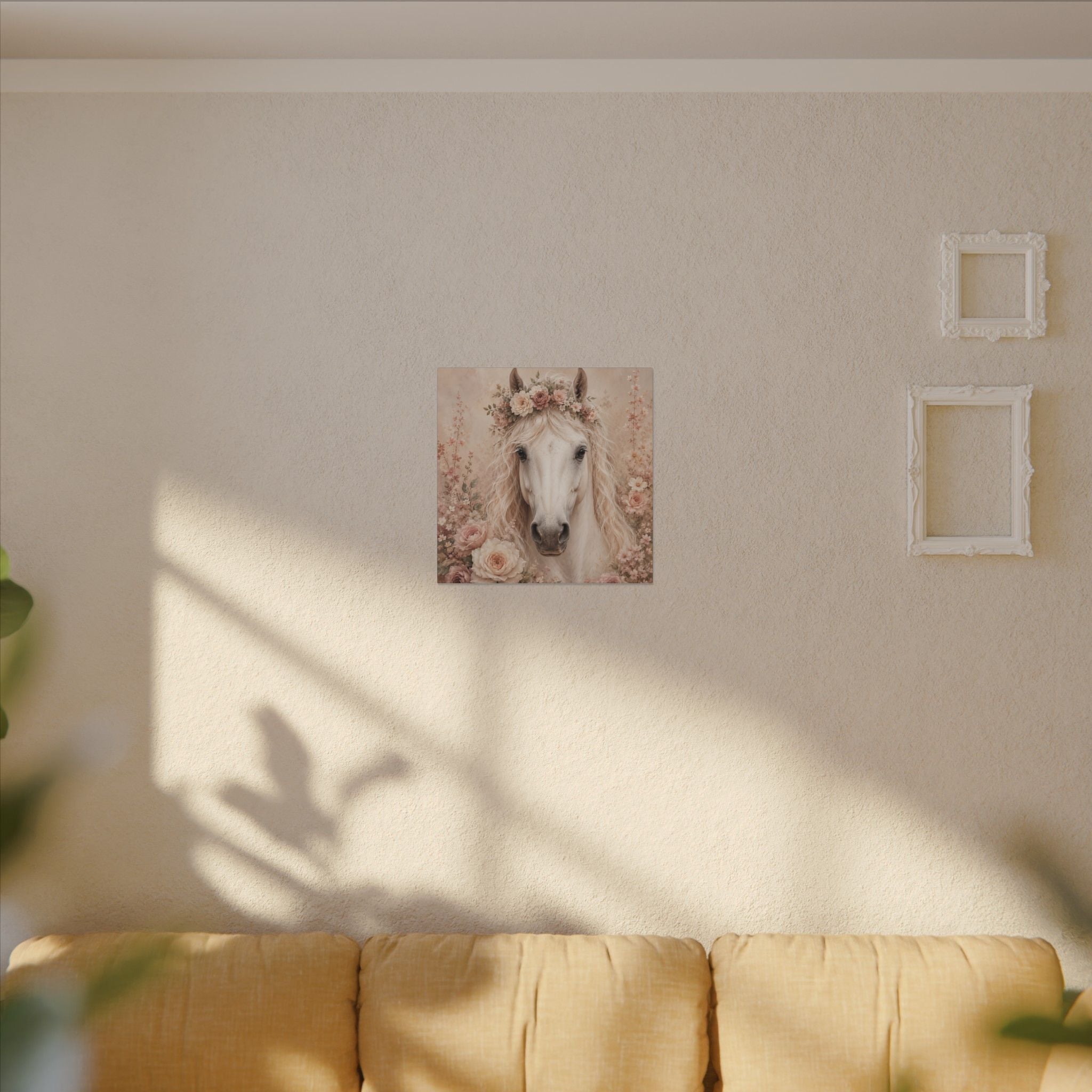 Floral White Horse Matte Canvas Wall Art