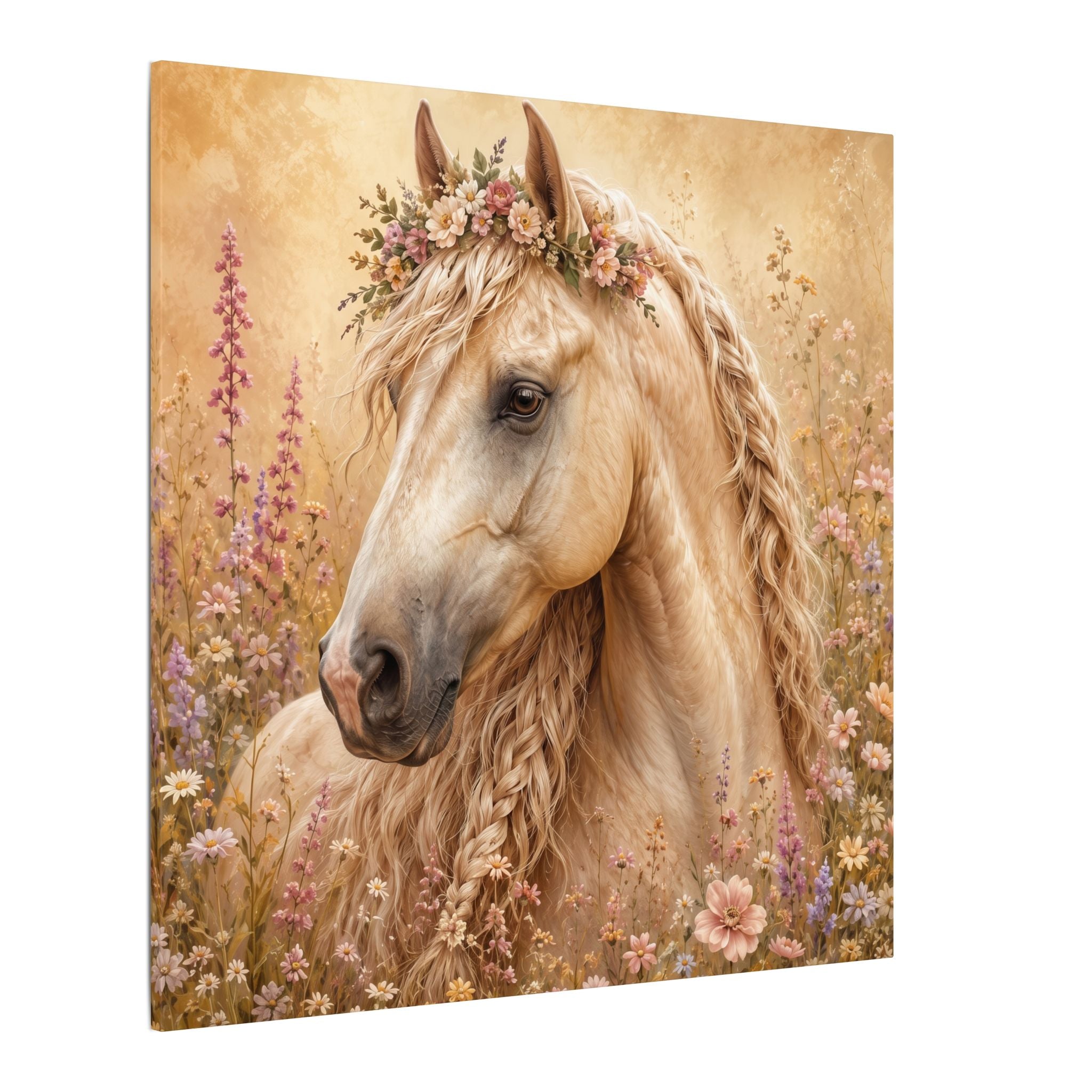 Golden Floral Horse Canvas Print — Matte Stretched Wall Art