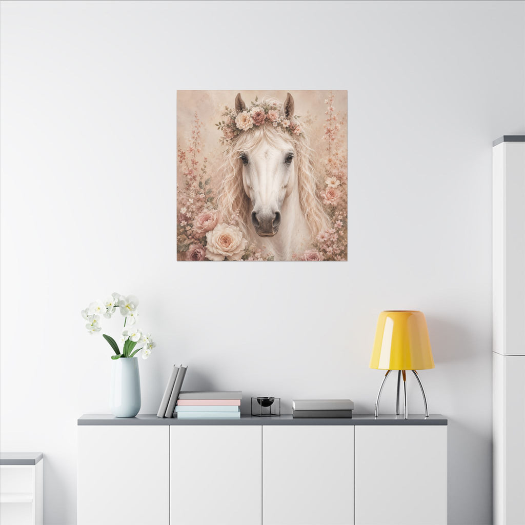 Floral White Horse Matte Canvas Wall Art