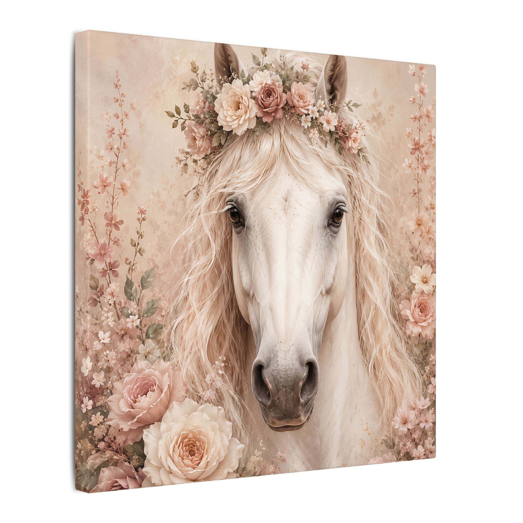 Floral White Horse Matte Canvas Wall Art