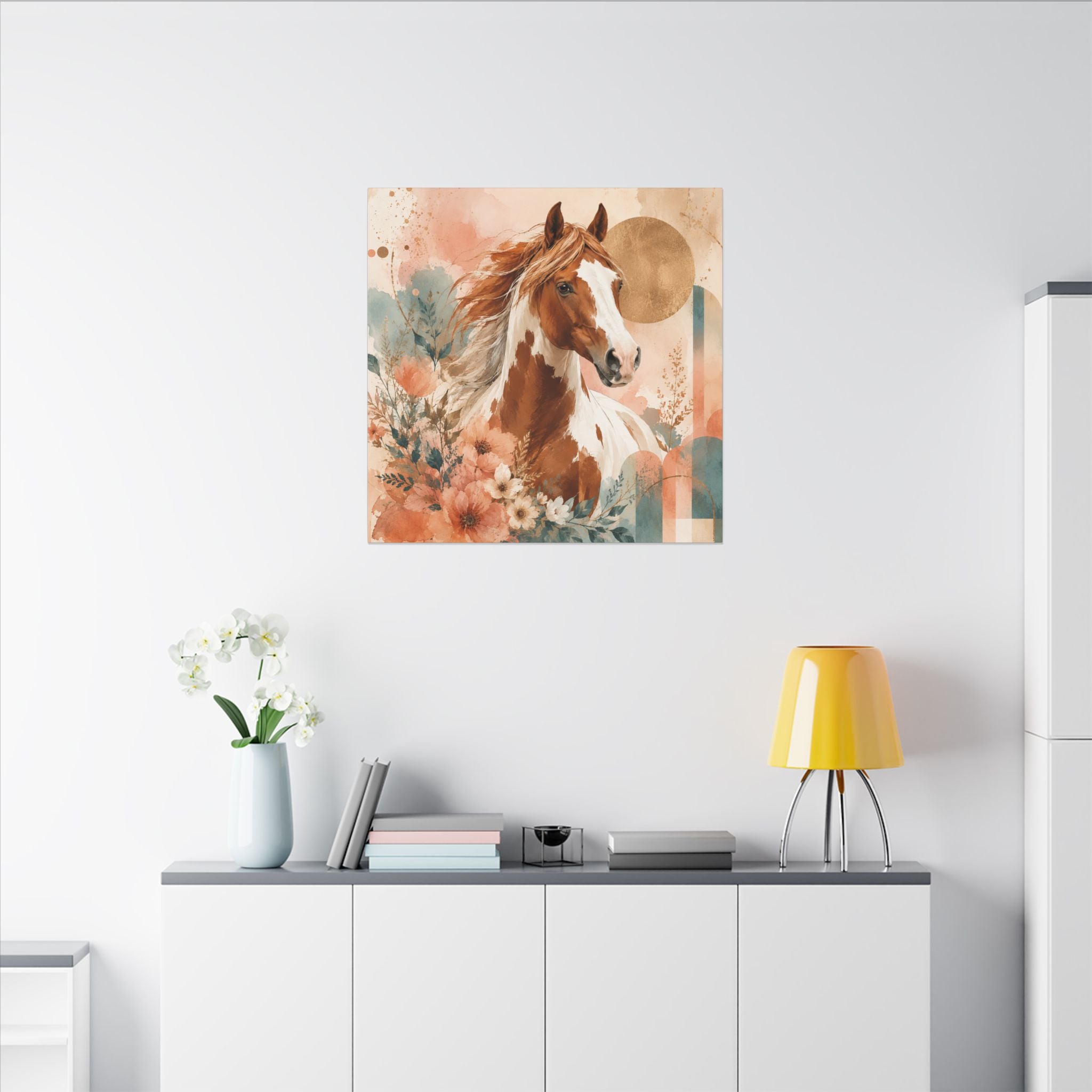 Painted Pinto Horse Canvas Wall Art — Boho Floral Equestrian Decor